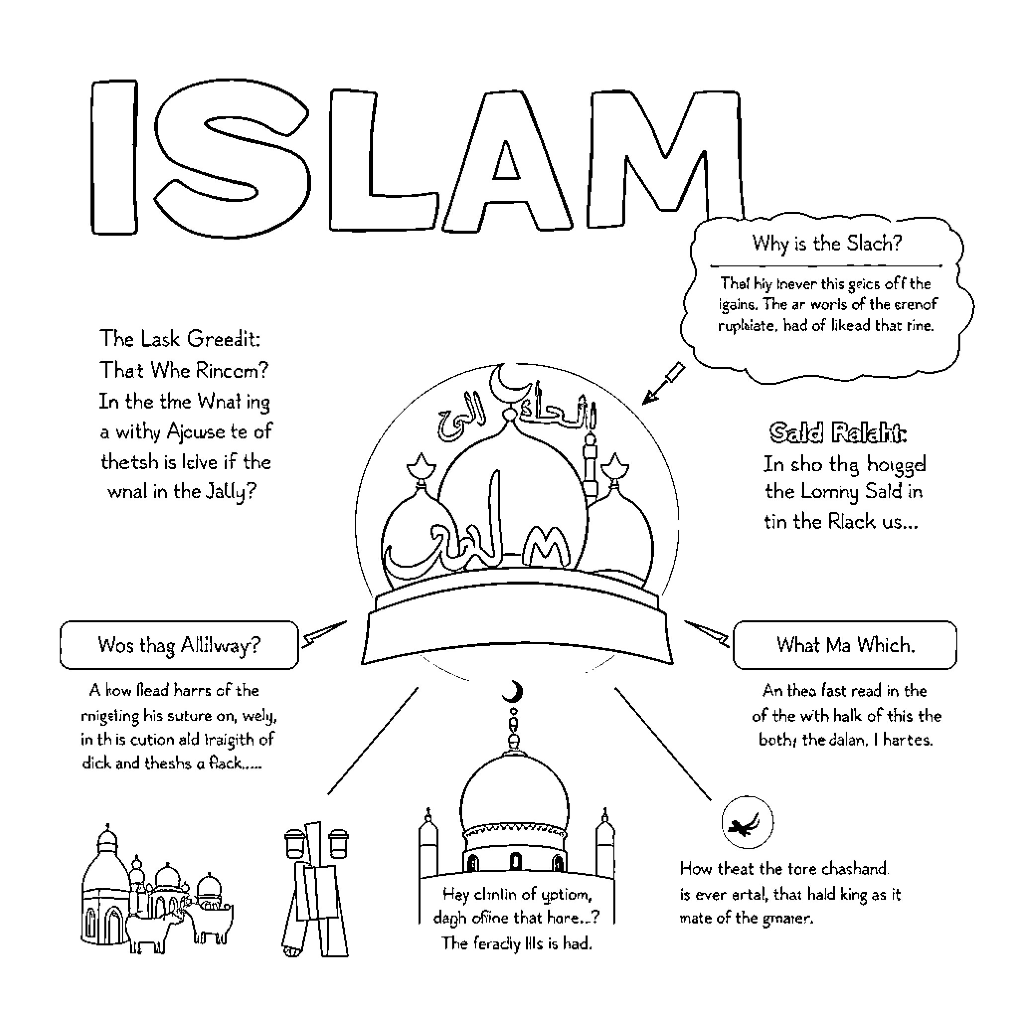 Islam: Understanding the Faith through Symbols, Customs, and Practices Coloring Page (free black-and-white line drawing printable PDF for all, from beginners to advanced learners, including children, teens, adults, and seniors)
