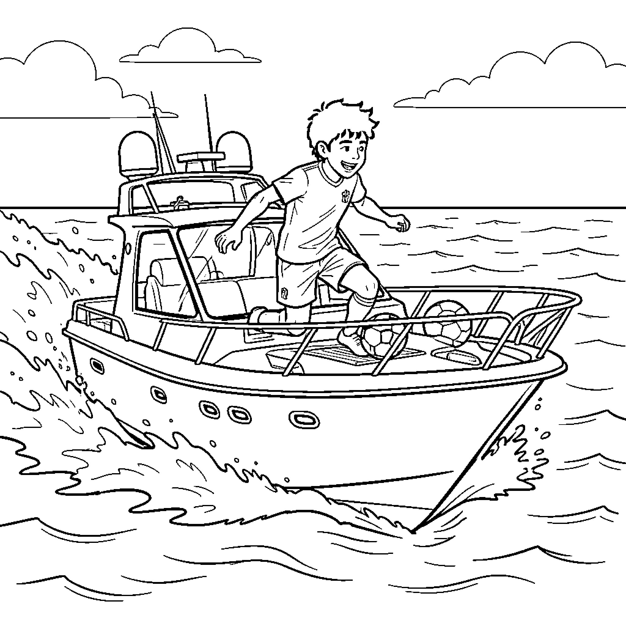 Lamine Yamal playing soccer on a moving boat Coloring Page (free black-and-white line drawing printable PDF for all, from beginners to advanced learners, including children, teens, adults, and seniors)