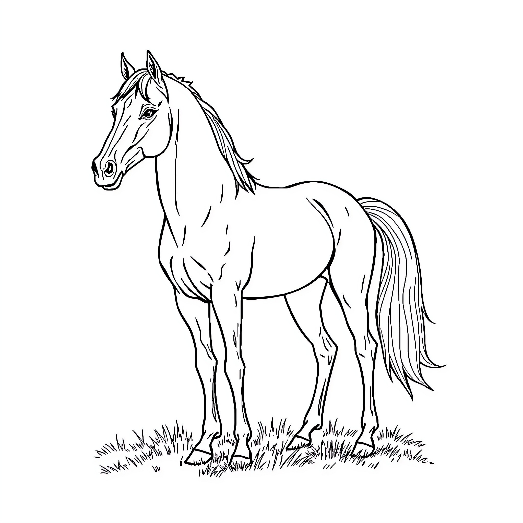 Horse standing tall in the field Coloring Page (free black-and-white line drawing printable PDF for all, from beginners to advanced learners, including children, teens, adults, and seniors)
