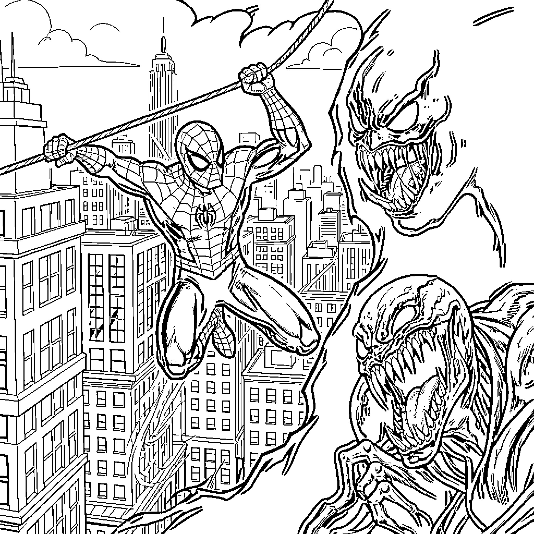 Spider-Man swinging through the city facing Venom Coloring Page (free black-and-white line drawing printable PDF for all, from beginners to advanced learners, including children, teens, adults, and seniors)