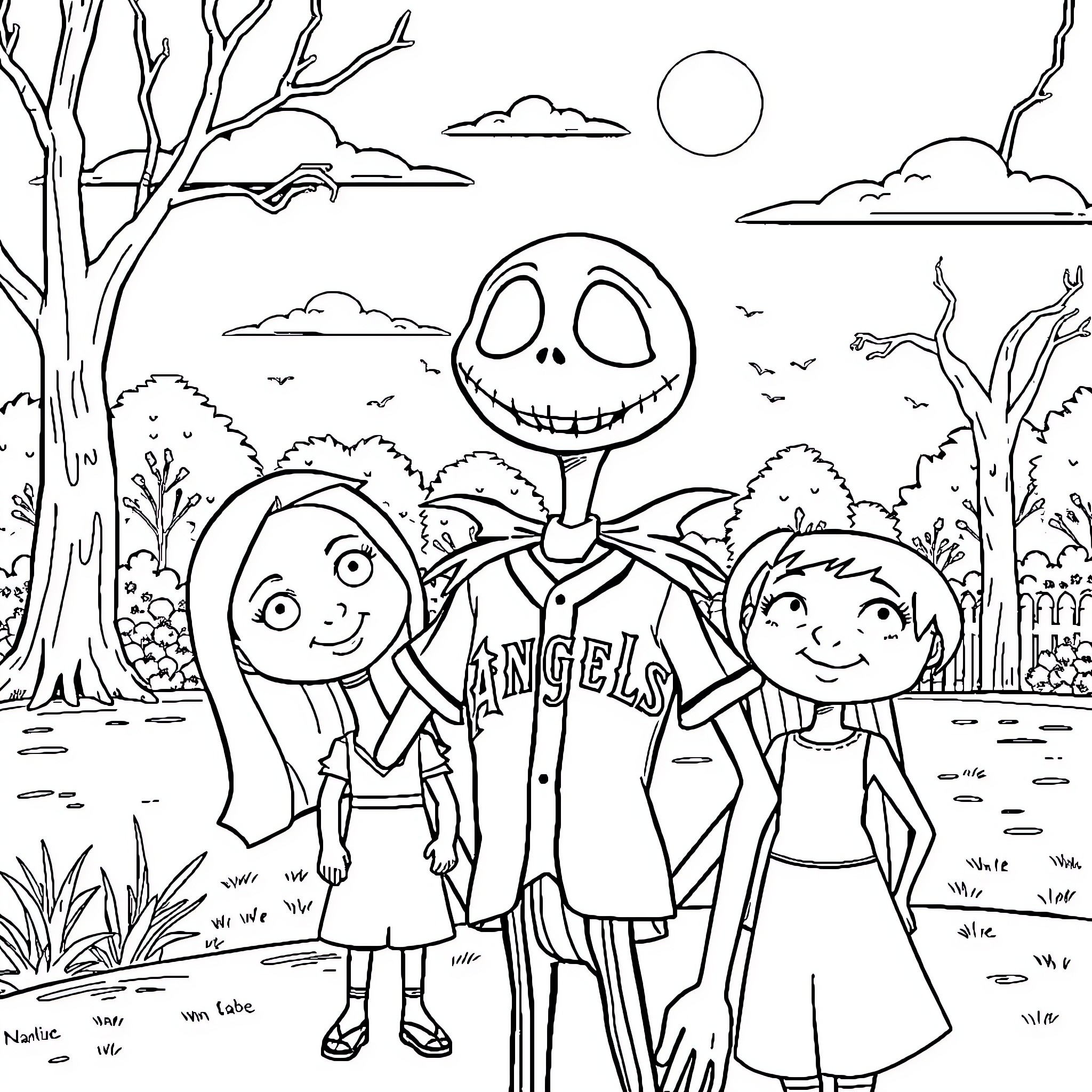 Jack Skellington and friends in a spooky yet joyful scene Coloring Page (free black-and-white line drawing printable PDF for all, from beginners to advanced learners, including children, teens, adults, and seniors)