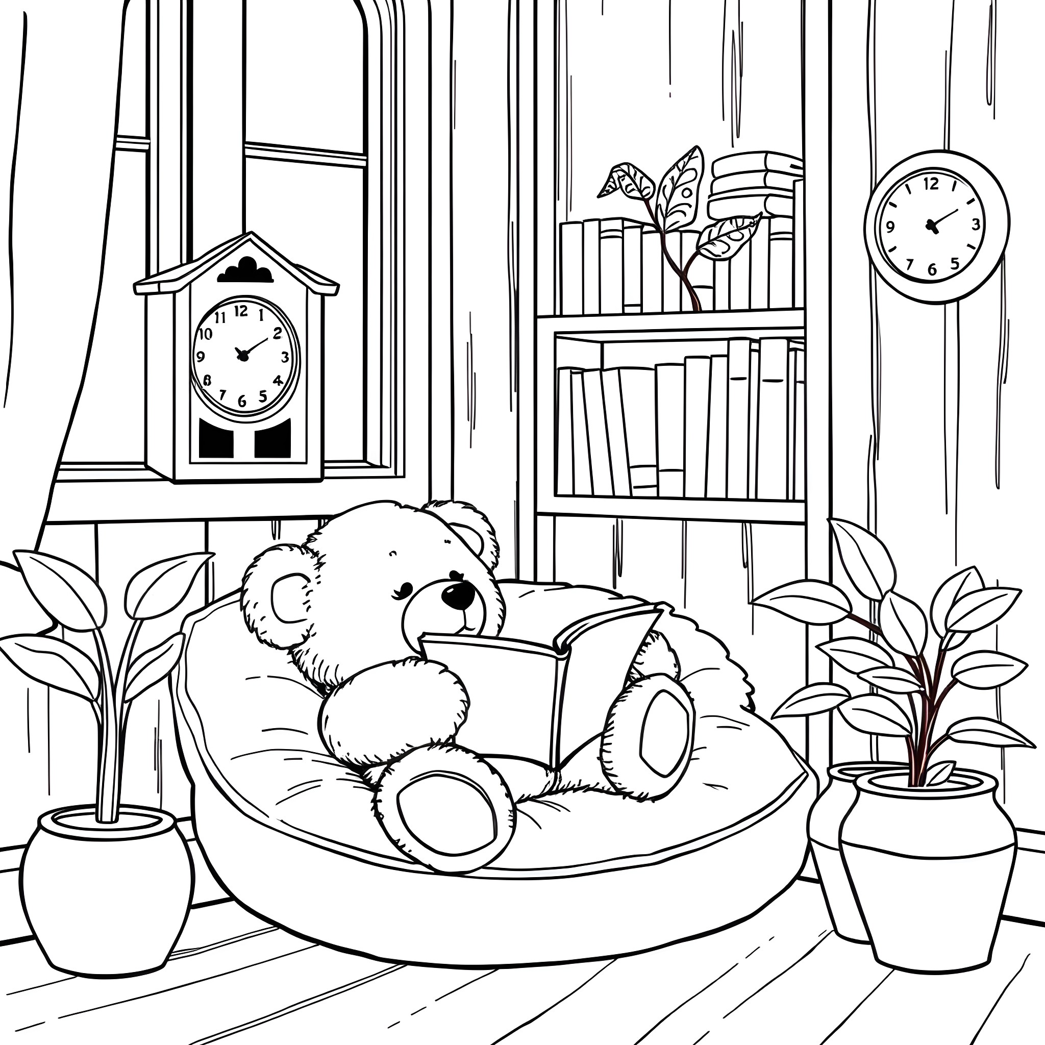 Teddy Bear relaxing in cozy reading nook Coloring Page (free black-and-white line drawing printable PDF for all, from beginners to advanced learners, including children, teens, adults, and seniors)
