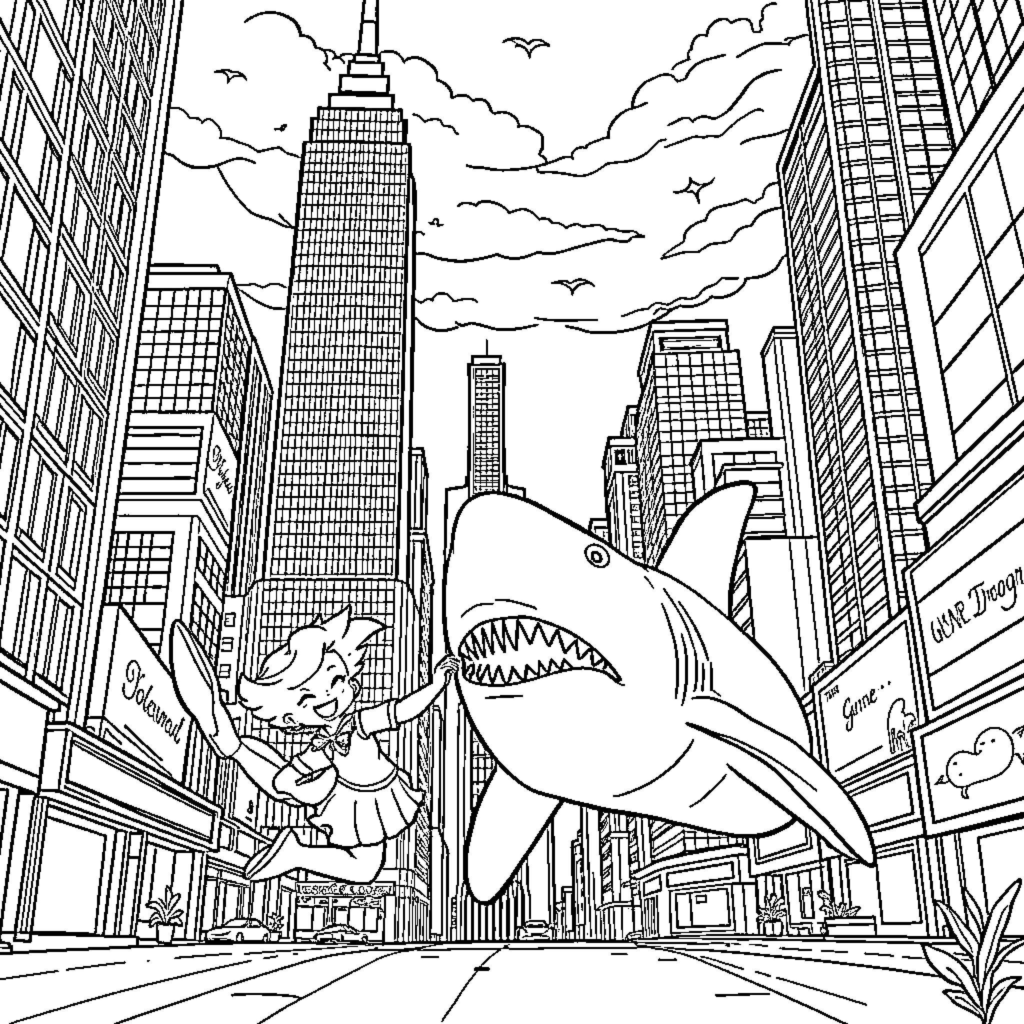 Gran Maja's Shark Adventure in the City Coloring Page (free black-and-white line drawing printable PDF for all, from beginners to advanced learners, including children, teens, adults, and seniors)