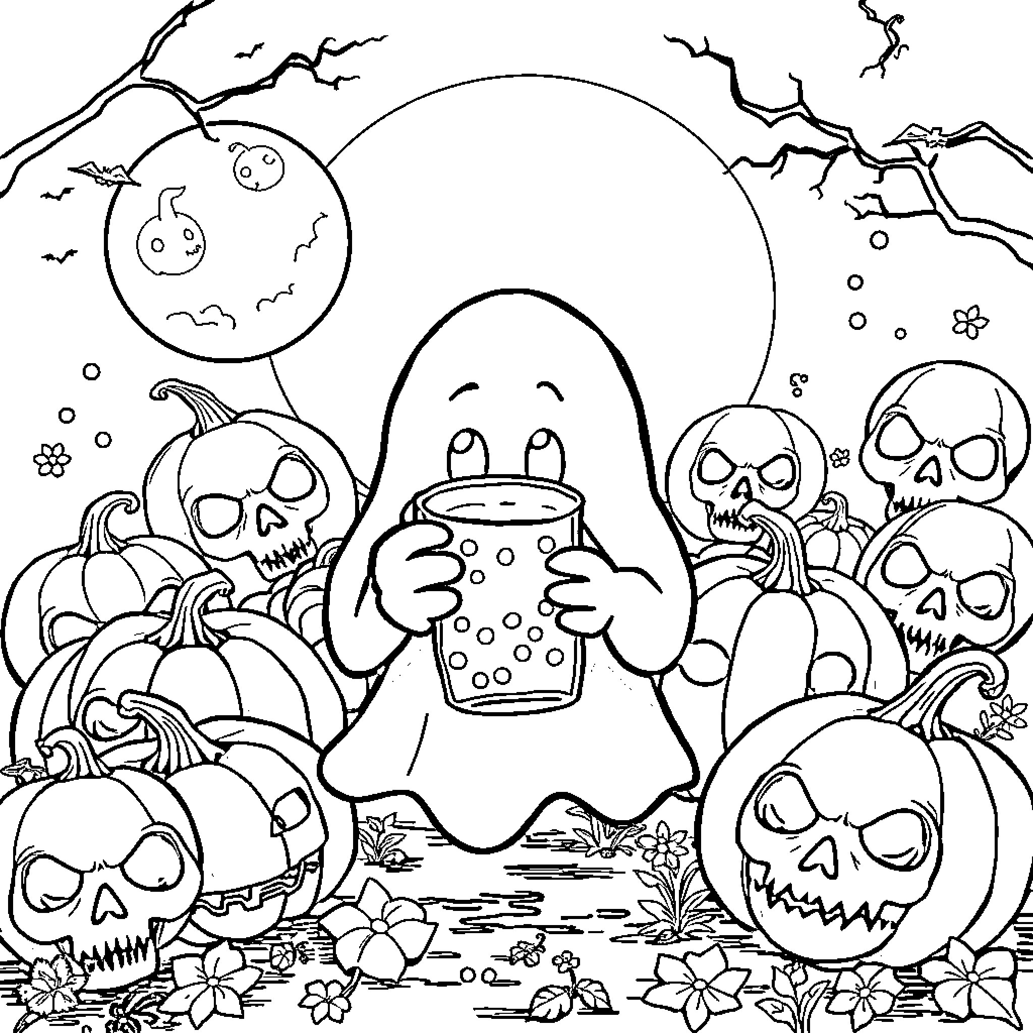 Ghost Figures in Spooky Halloween Night Scenery Coloring Page (free black-and-white line drawing printable PDF for all, from beginners to advanced learners, including children, teens, adults, and seniors)