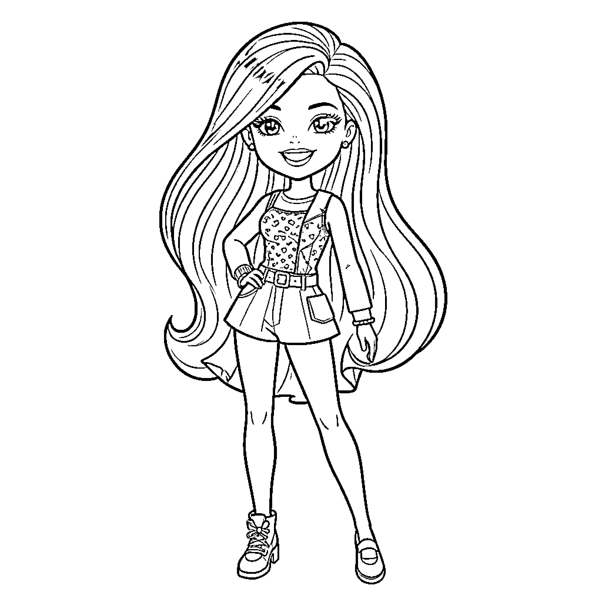 Barbie Doll in Casual Outfit Coloring Page (free black-and-white line drawing printable PDF for all, from beginners to advanced learners, including children, teens, adults, and seniors)