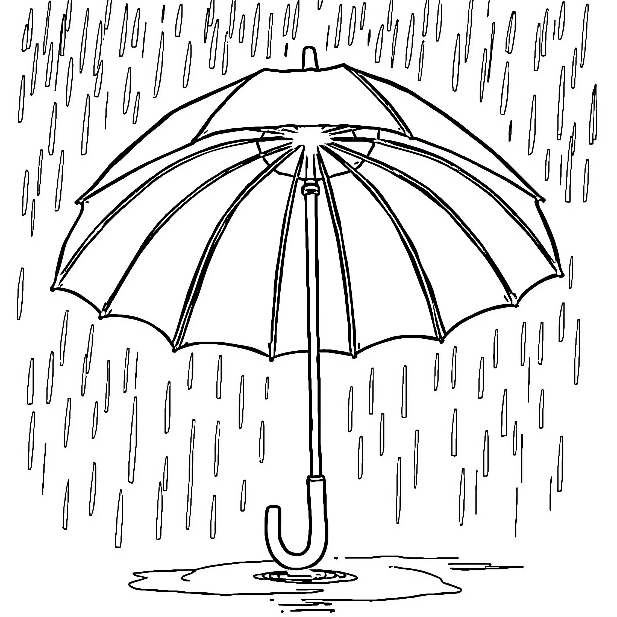 Umbrella sheltering from heavy rainfall Coloring Page (free black-and-white line drawing printable PDF for all, from beginners to advanced learners, including children, teens, adults, and seniors)
