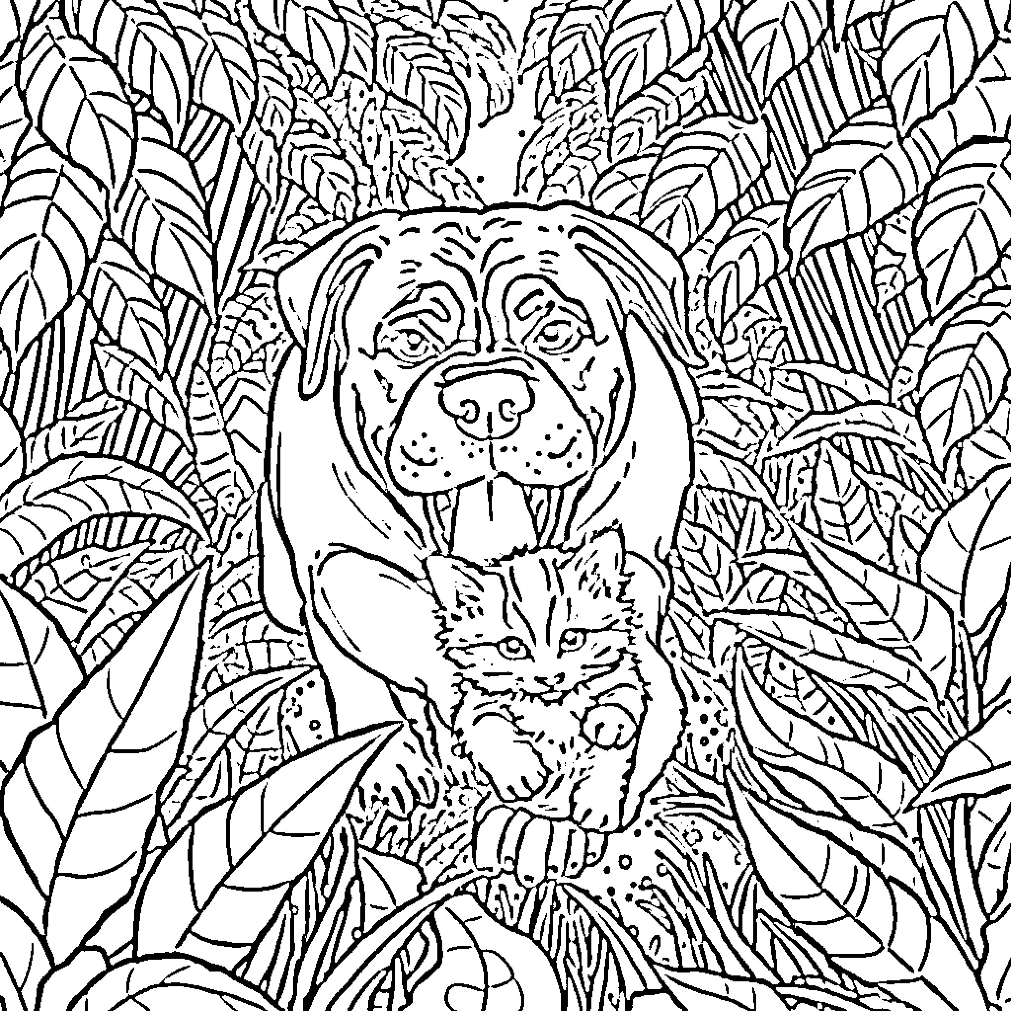 Rottweiler embracing a playful kitten in lush foliage Coloring Page (free black-and-white line drawing printable PDF for all, from beginners to advanced learners, including children, teens, adults, and seniors)