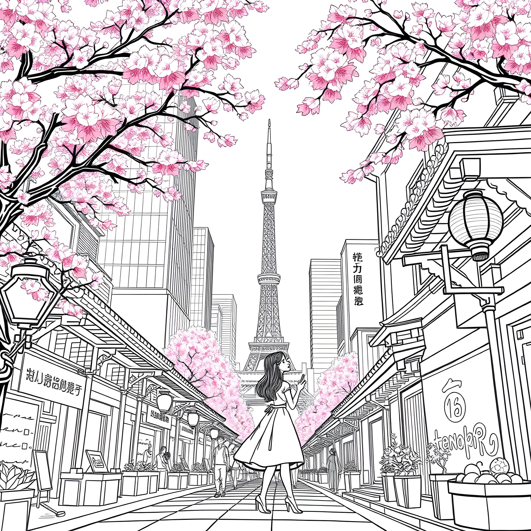 Tiana's Cherry Blossom Stroll through Scenic Tokyo Coloring Page (free black-and-white line drawing printable PDF for all, from beginners to advanced learners, including children, teens, adults, and seniors)