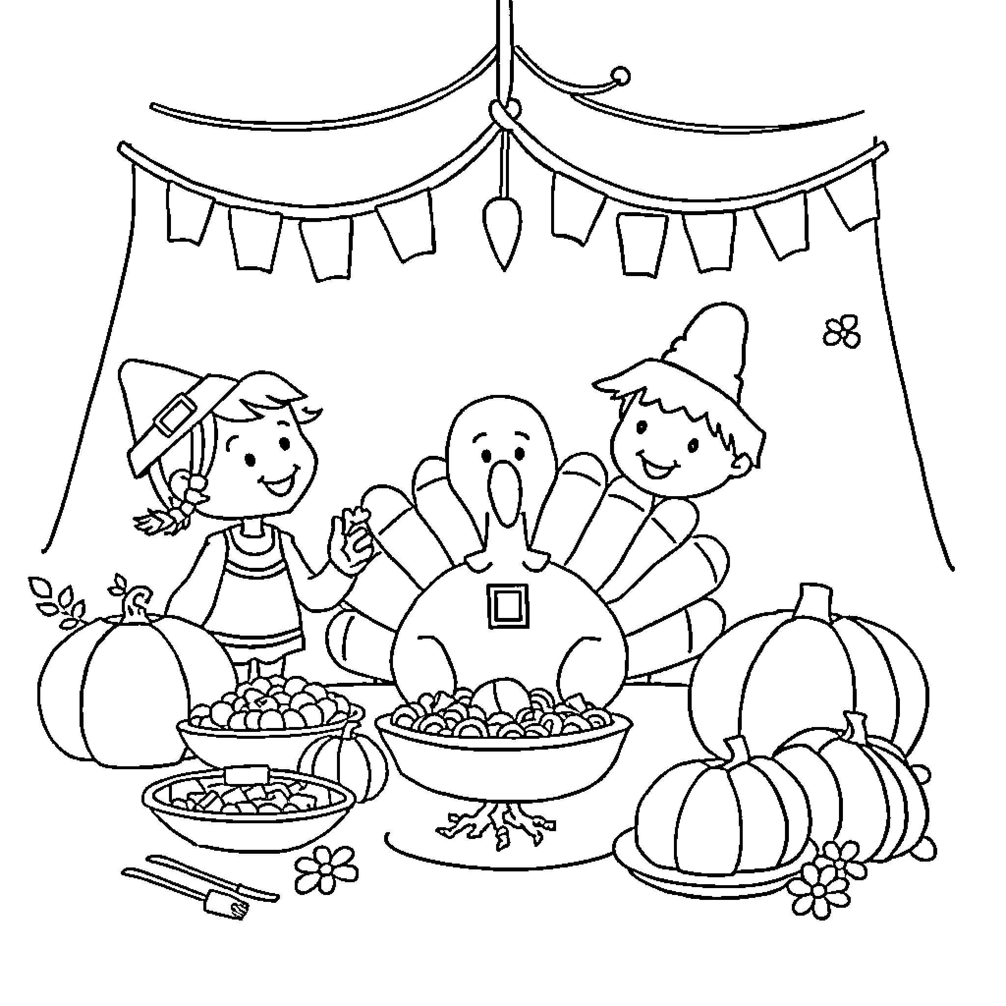 Thanksgiving celebration with festive decorations and happy characters Coloring Page (free black-and-white line drawing printable PDF for all, from beginners to advanced learners, including children, teens, adults, and seniors)