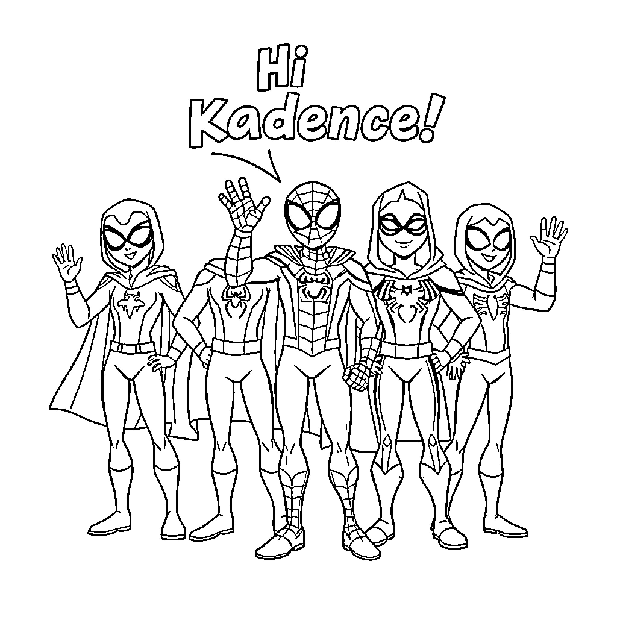 Spidey and Friends Strike a Pose Coloring Page (free black-and-white line drawing printable PDF for all, from beginners to advanced learners, including children, teens, adults, and seniors)