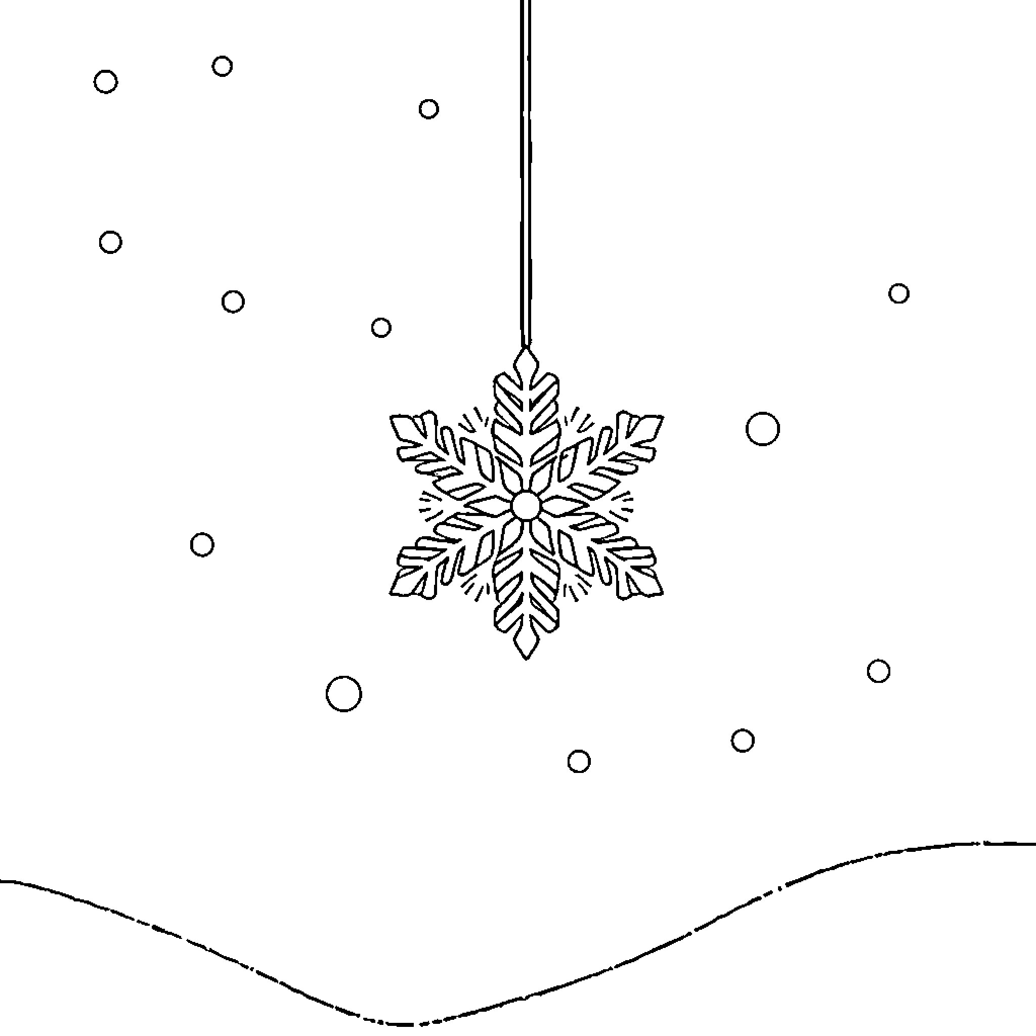 Snowflake ornament gently swaying in winter scene Coloring Page (free black-and-white line drawing printable PDF for all, from beginners to advanced learners, including children, teens, adults, and seniors)