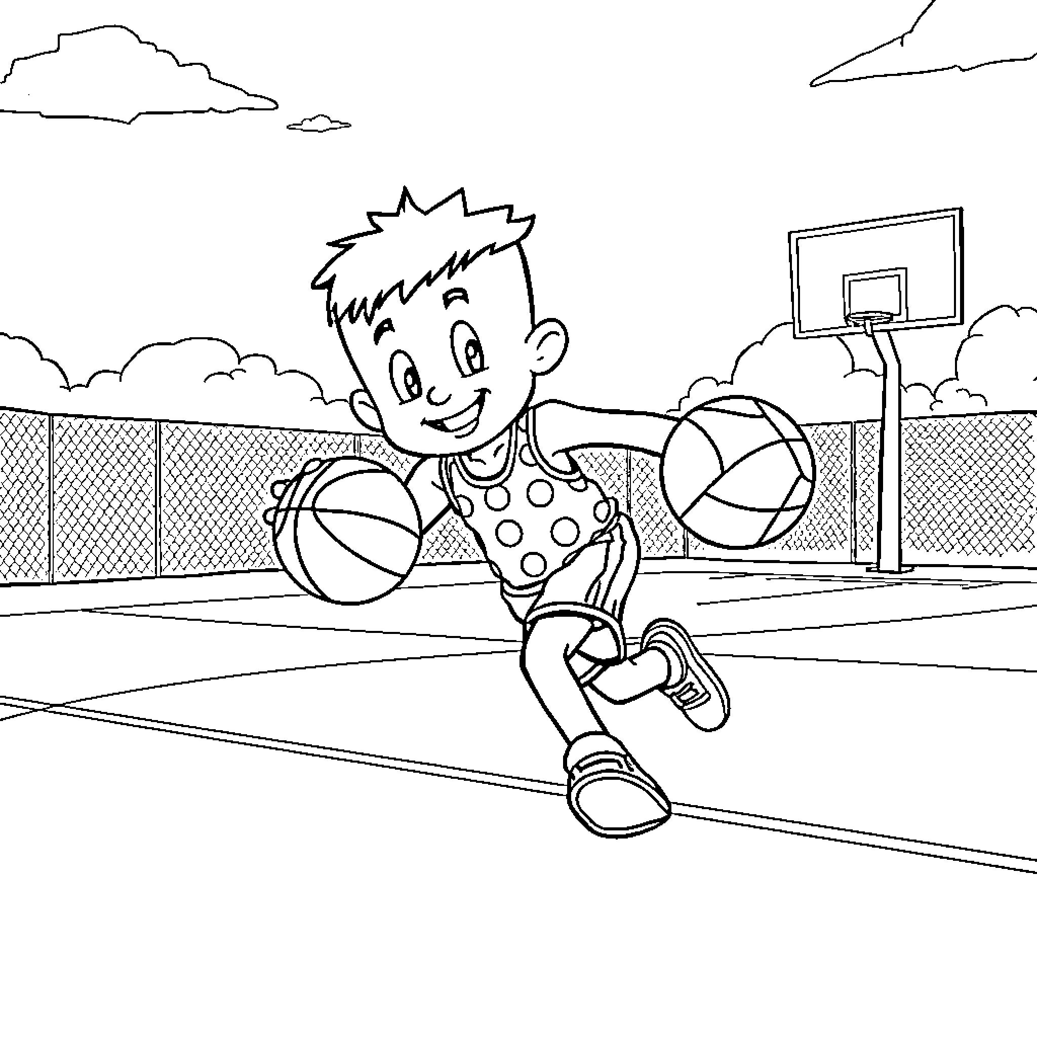 Tommy Pickle playing joyfully with basketballs on the court Coloring Page (free black-and-white line drawing printable PDF for all, from beginners to advanced learners, including children, teens, adults, and seniors)