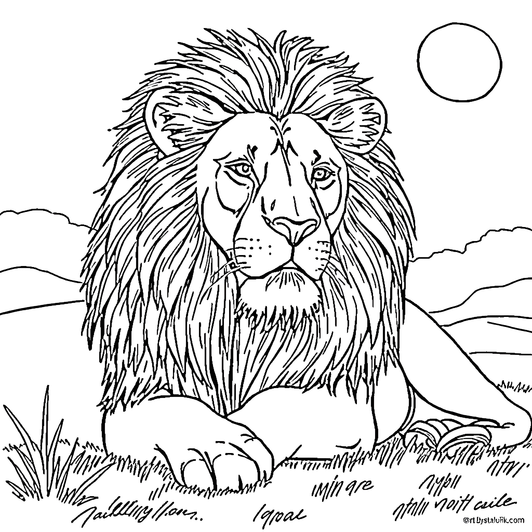 Lion resting in the wilderness Coloring Page (free black-and-white line drawing printable PDF for all, from beginners to advanced learners, including children, teens, adults, and seniors)
