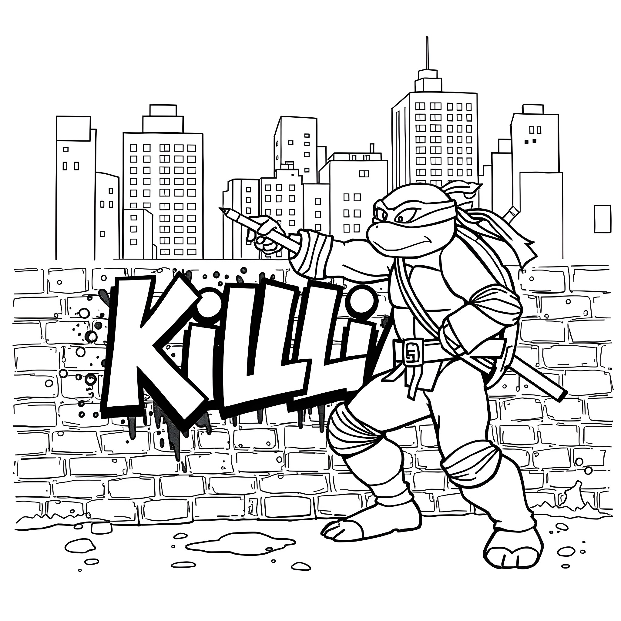 Ninja Turtle in Action Against the City Backdrop Coloring Page (free black-and-white line drawing printable PDF for all, from beginners to advanced learners, including children, teens, adults, and seniors)