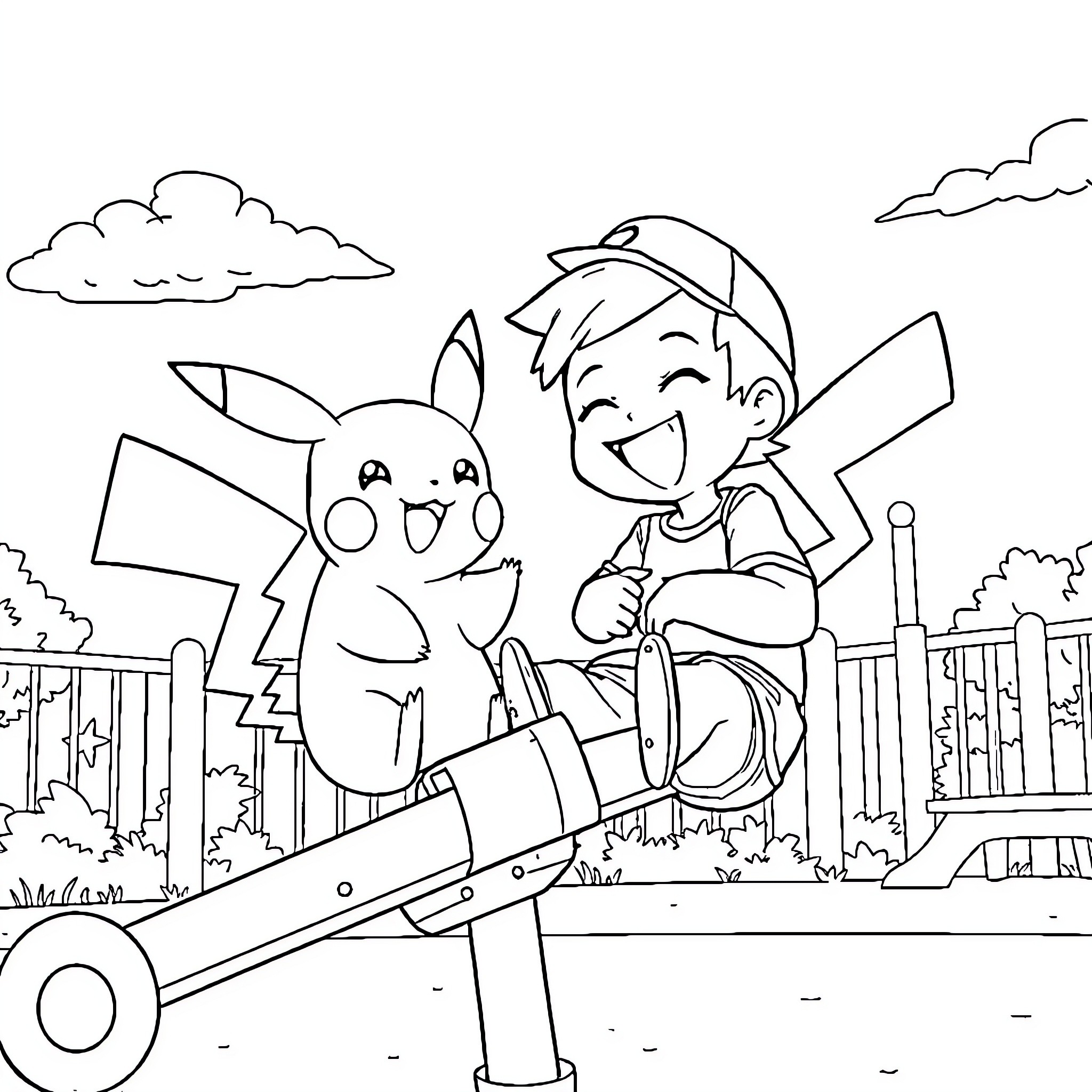 Ash and Pikachu Explore the Playground Coloring Page (free black-and-white line drawing printable PDF for all, from beginners to advanced learners, including children, teens, adults, and seniors)