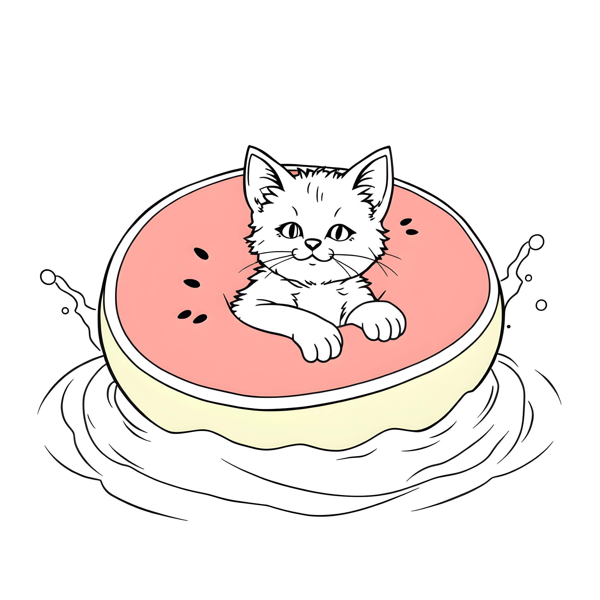 Kitty resting cozily in a soft cushion Coloring Page (free black-and-white line drawing printable PDF for all, from beginners to advanced learners, including children, teens, adults, and seniors)