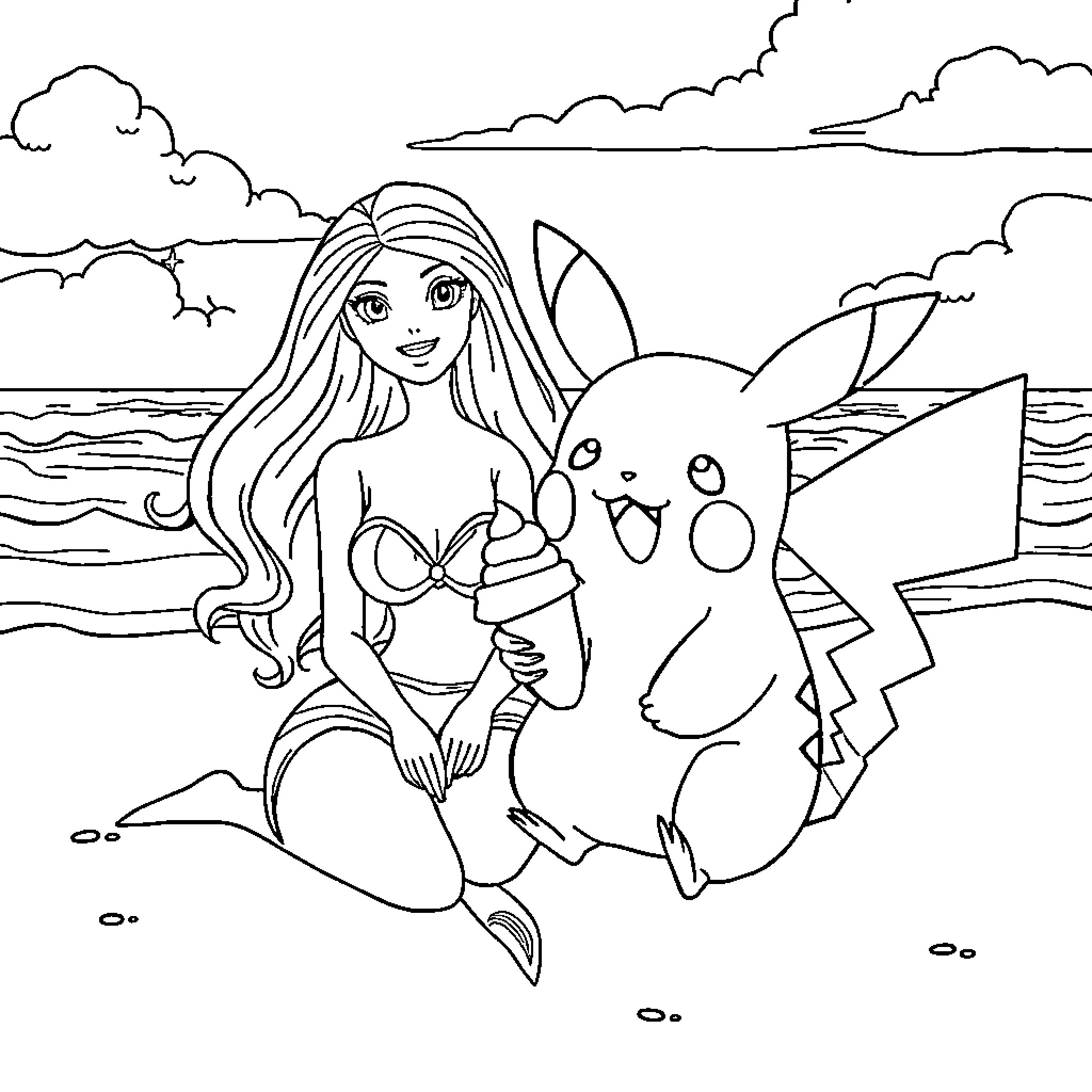 Pikachu and a girl enjoying ice cream at the beach Coloring Page (free black-and-white line drawing printable PDF for all, from beginners to advanced learners, including children, teens, adults, and seniors)