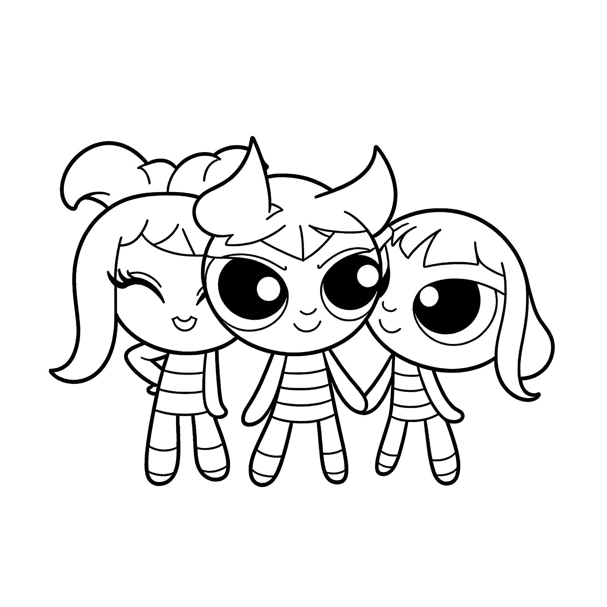 Powerpuff Girls trio in action poses Coloring Page (free black-and-white line drawing printable PDF for all, from beginners to advanced learners, including children, teens, adults, and seniors)