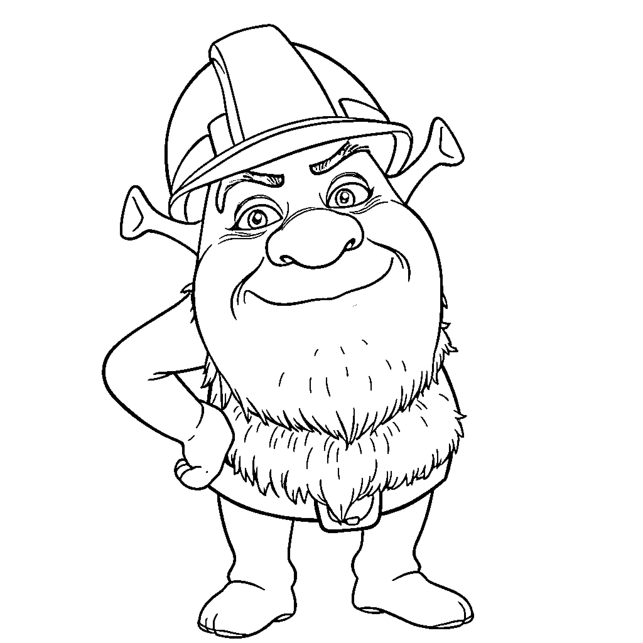 Shrek the dwarf in a hardhat smiling happily Coloring Page (free black-and-white line drawing printable PDF for all, from beginners to advanced learners, including children, teens, adults, and seniors)