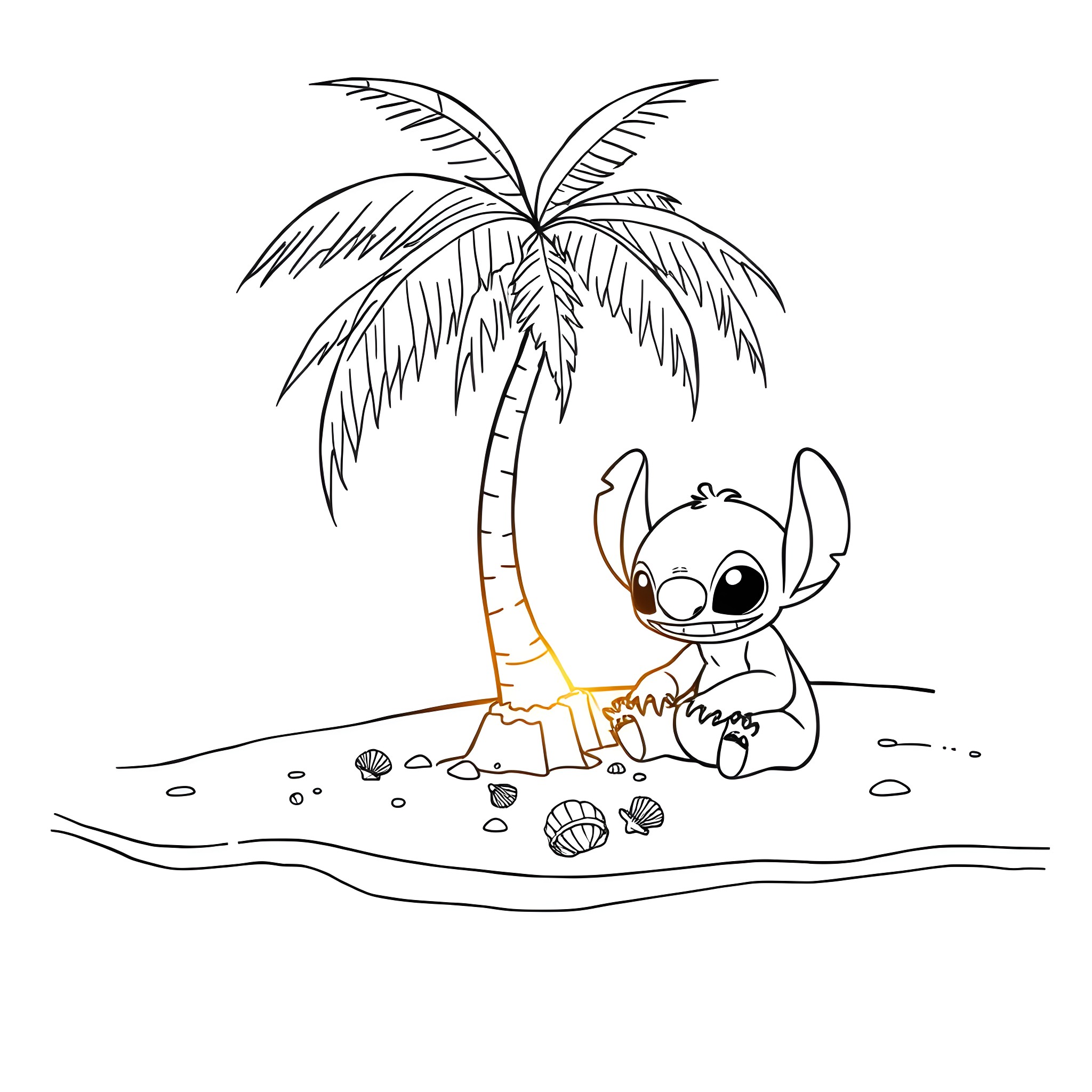Lilo And Stitch playing happily on the beach Coloring Page (free black-and-white line drawing printable PDF for all, from beginners to advanced learners, including children, teens, adults, and seniors)