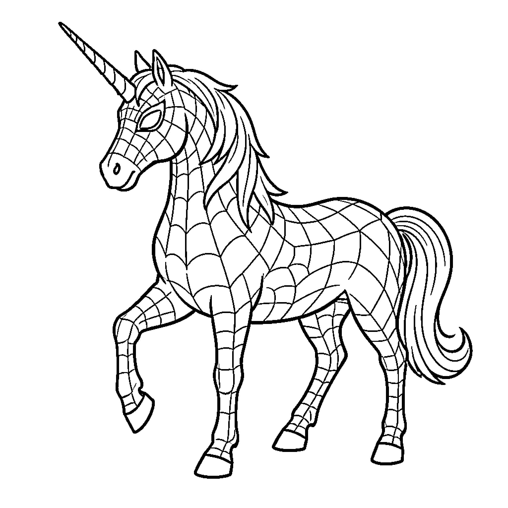 Spiderman themed unicorn standing in a heroic pose Coloring Page (free black-and-white line drawing printable PDF for all, from beginners to advanced learners, including children, teens, adults, and seniors)