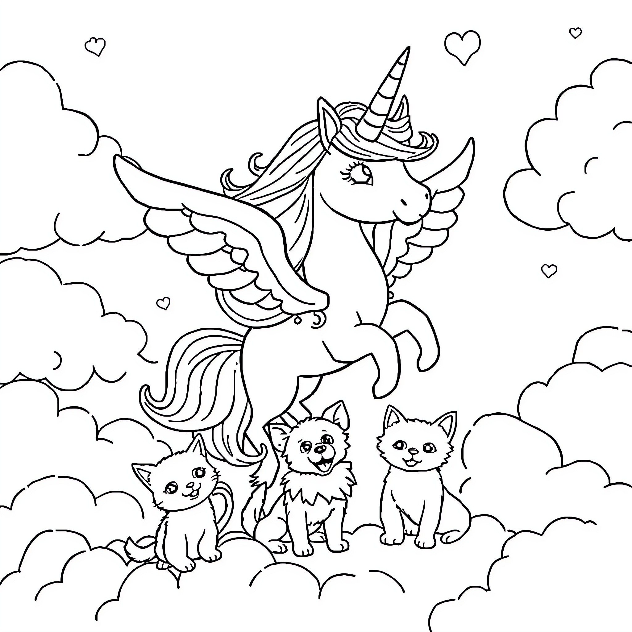Unicorn flying with adorable kittens in the clouds Coloring Page (free black-and-white line drawing printable PDF for all, from beginners to advanced learners, including children, teens, adults, and seniors)