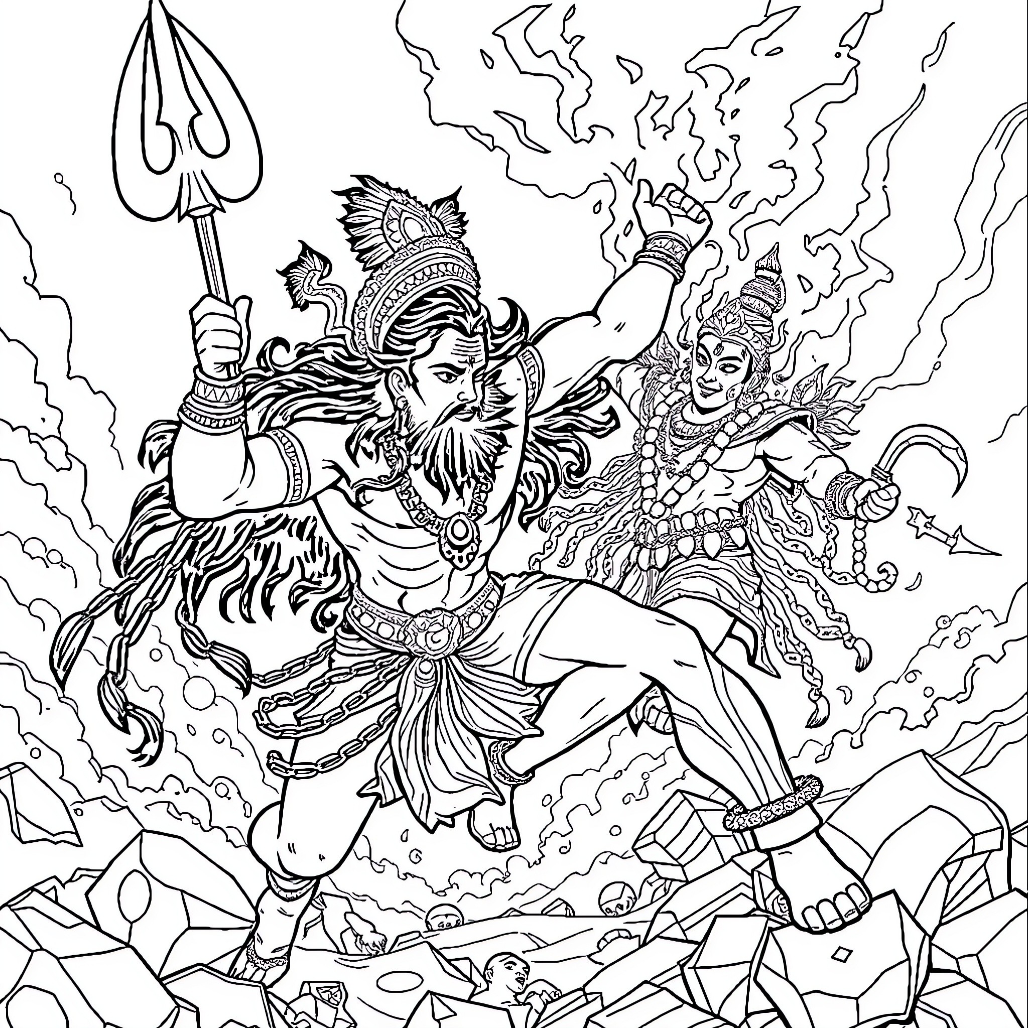 Hanuman, the Mighty Monkey God, in Fierce Battle Coloring Page (free black-and-white line drawing printable PDF for all, from beginners to advanced learners, including children, teens, adults, and seniors)
