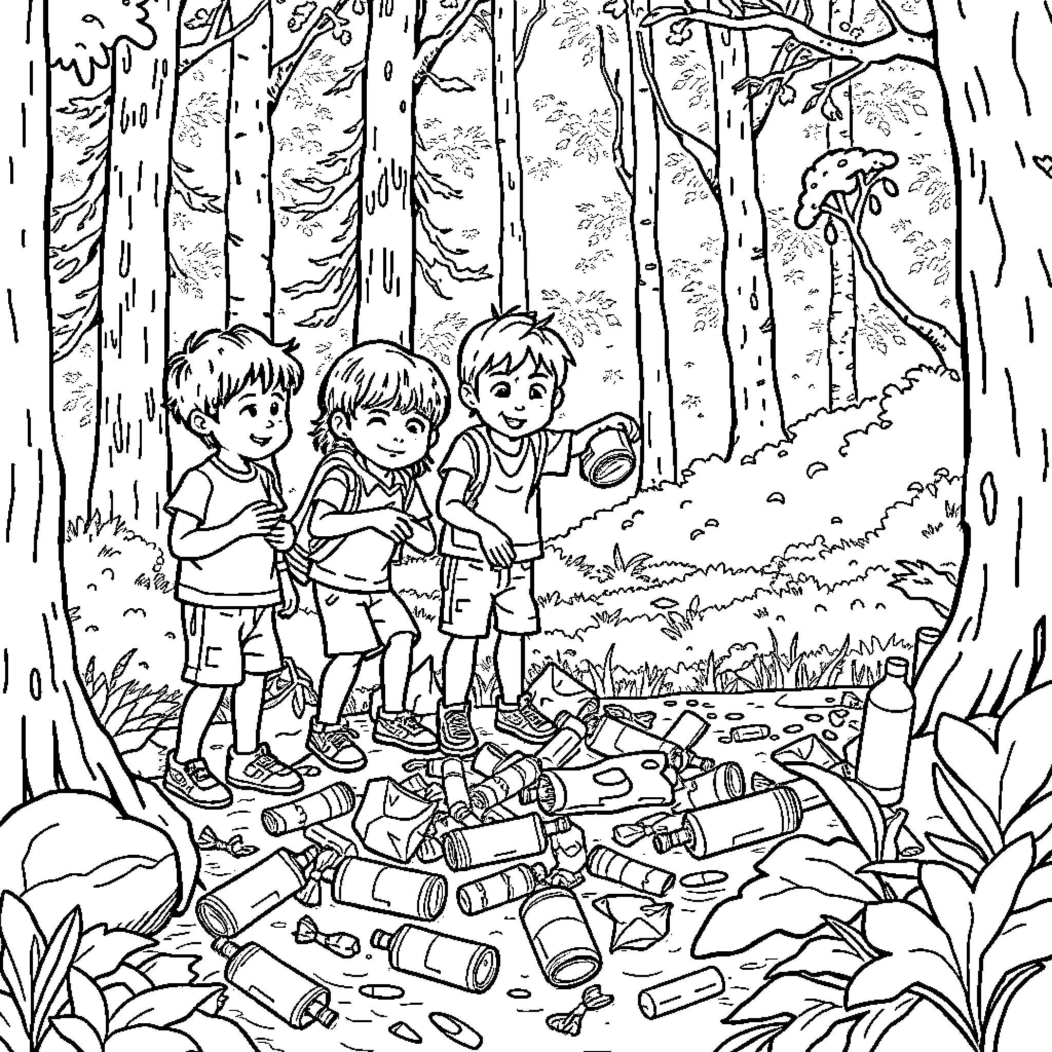 Kid friends explore the enchanted forest Coloring Page (free black-and-white line drawing printable PDF for all, from beginners to advanced learners, including children, teens, adults, and seniors)