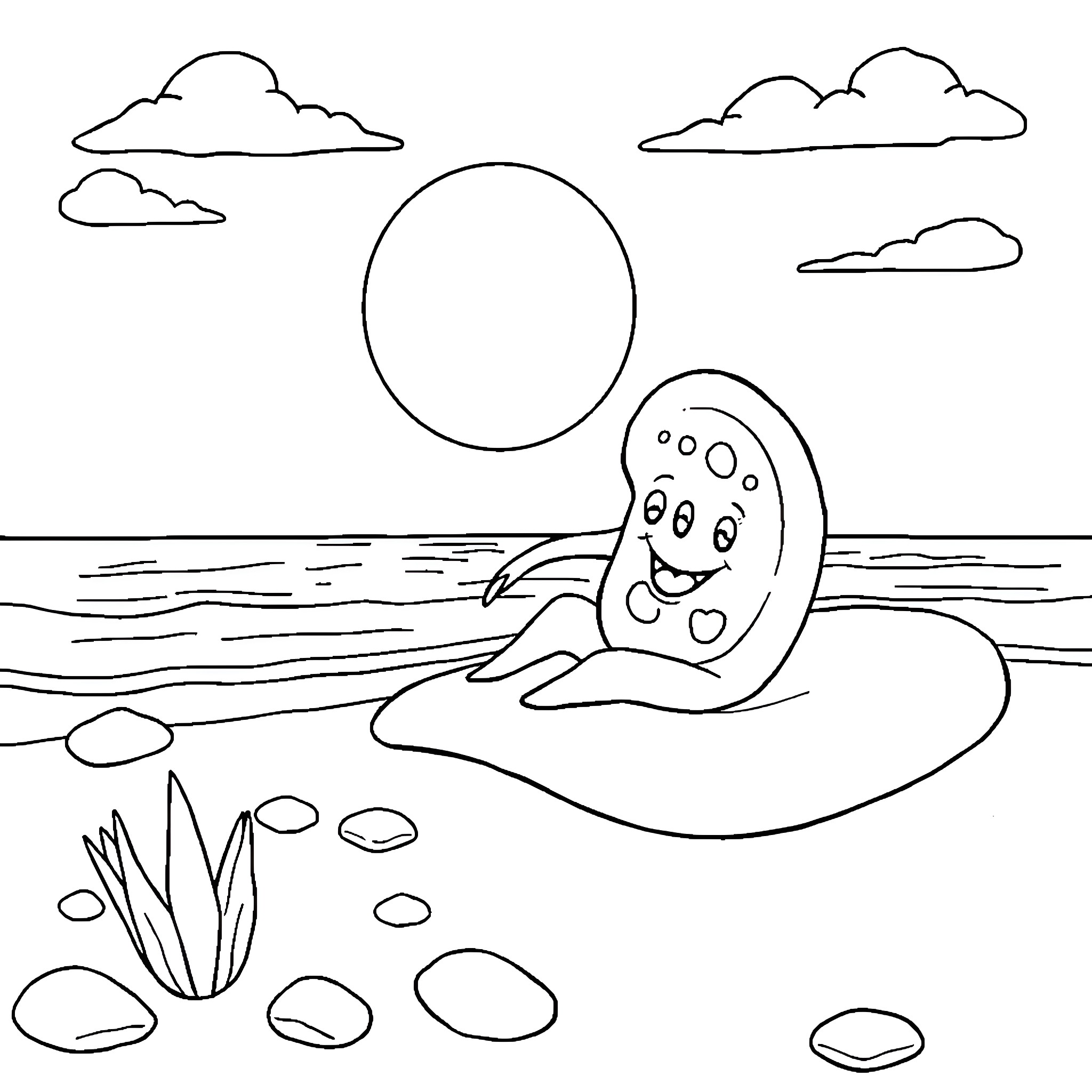 Podocyte enjoying a sunny day at the beach Coloring Page (free black-and-white line drawing printable PDF for all, from beginners to advanced learners, including children, teens, adults, and seniors)