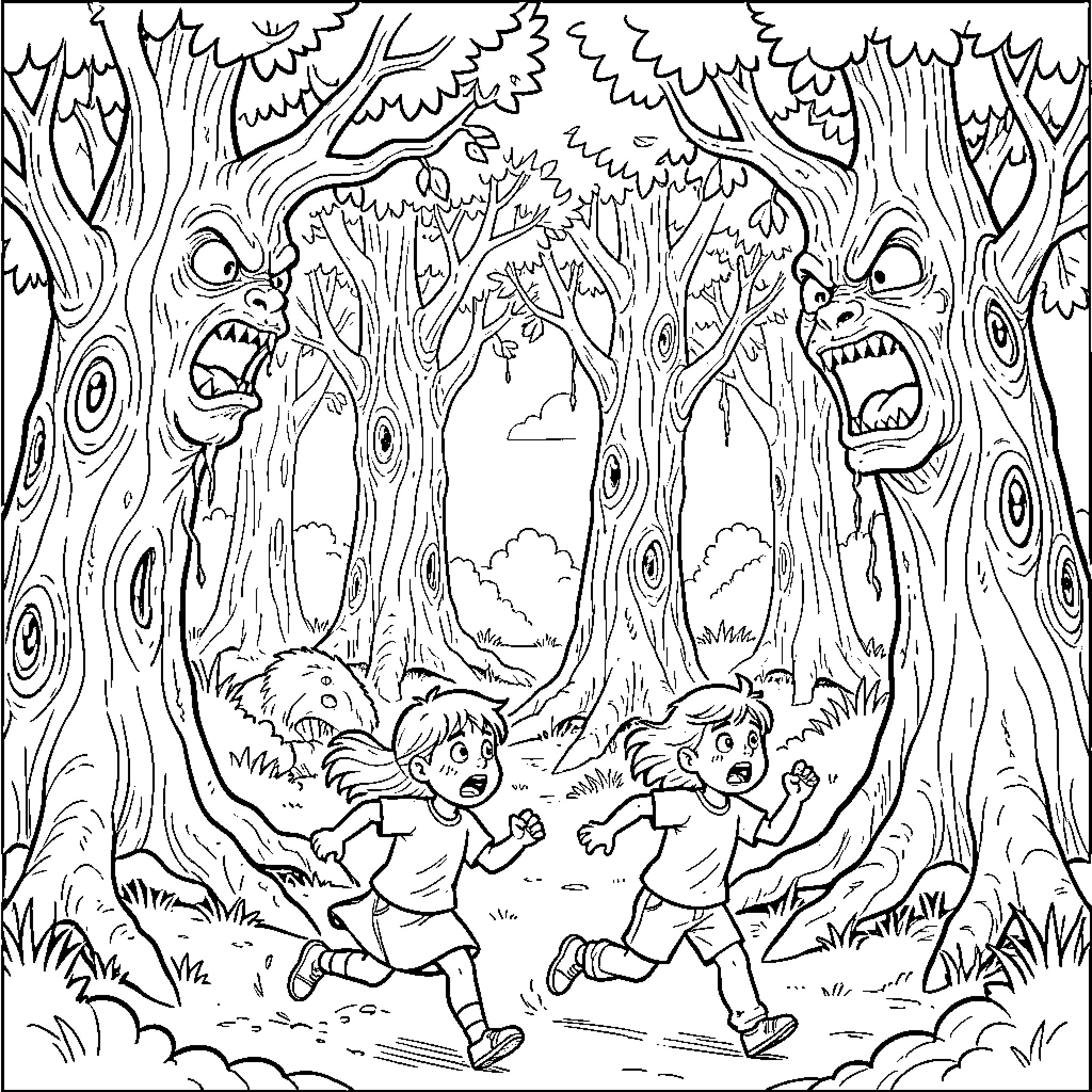 Tree monsters chasing frightened children through the woods Coloring Page (free black-and-white line drawing printable PDF for all, from beginners to advanced learners, including children, teens, adults, and seniors)