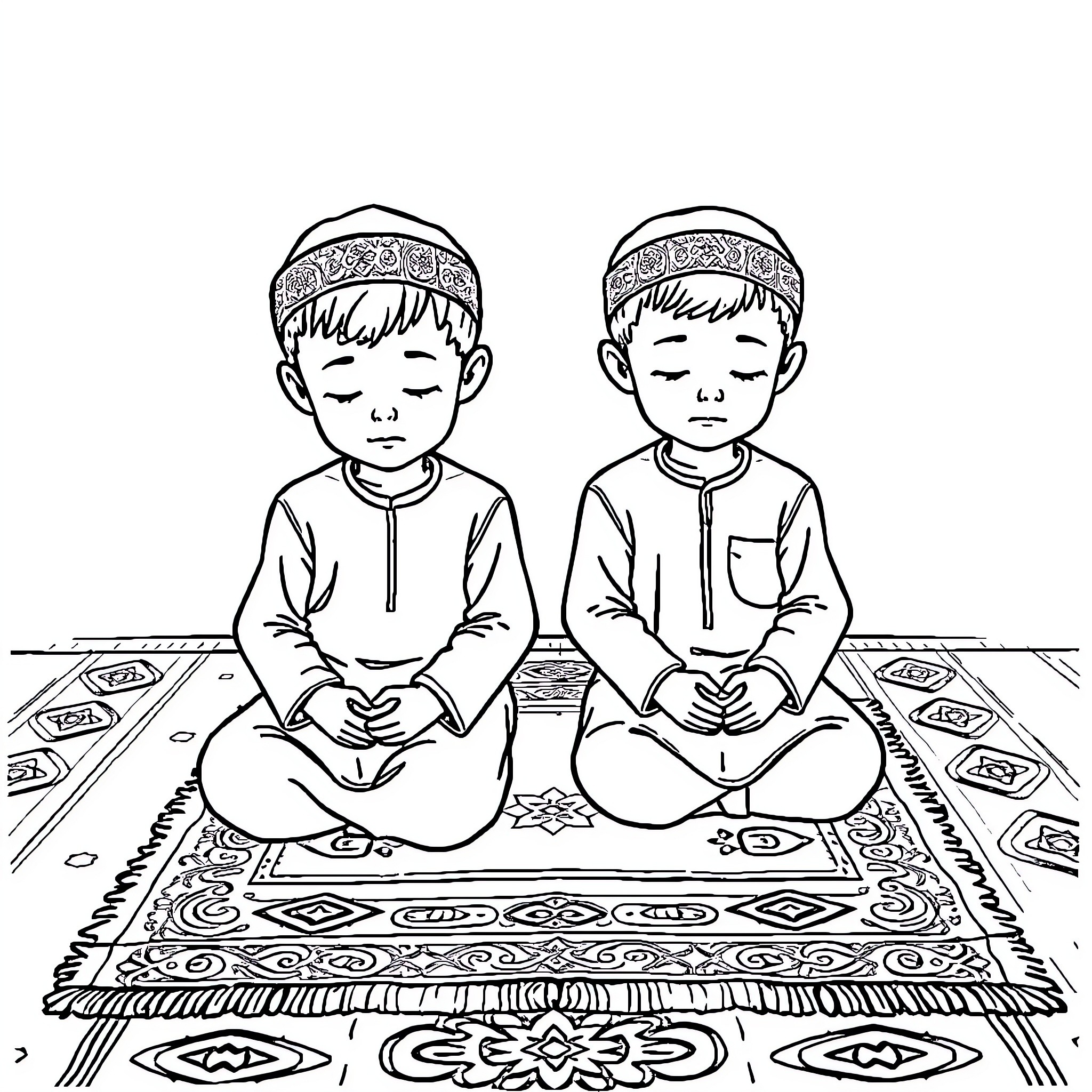 Kids practicing religious meditation on ornate rug Coloring Page (free black-and-white line drawing printable PDF for all, from beginners to advanced learners, including children, teens, adults, and seniors)