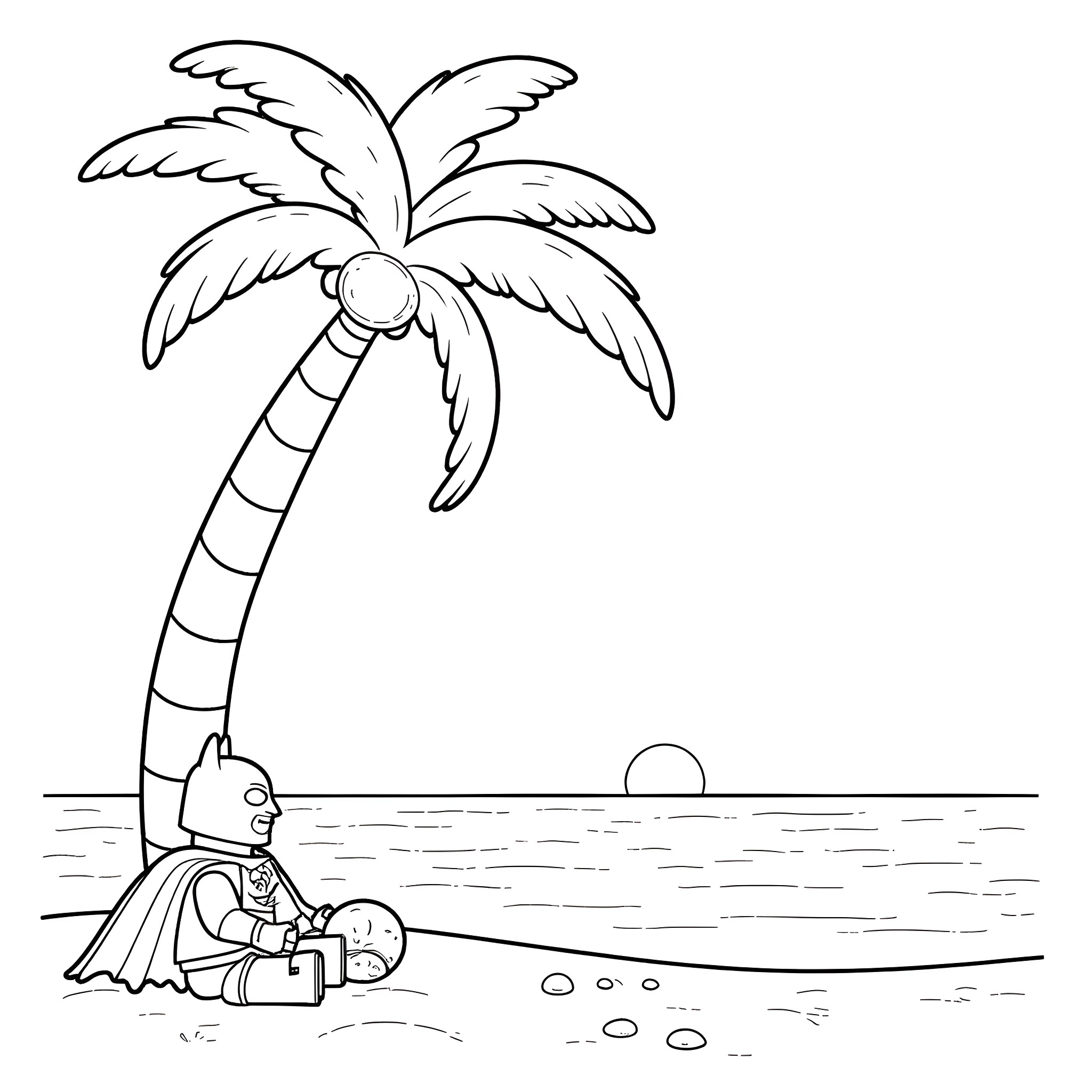 Batman resting on a beach under a palm tree Coloring Page (free black-and-white line drawing printable PDF for all, from beginners to advanced learners, including children, teens, adults, and seniors)