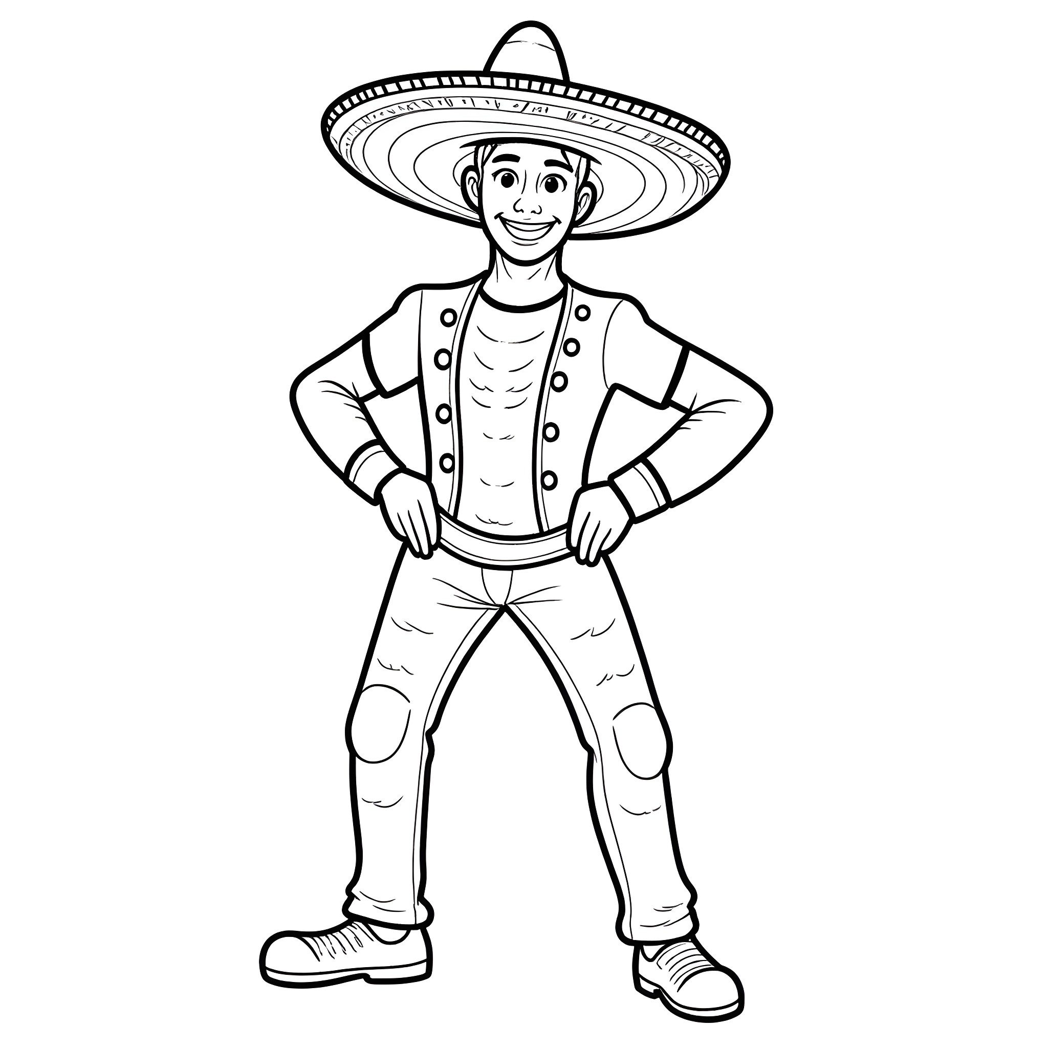 Man in festive sombrero and casual outfit Coloring Page (free black-and-white line drawing printable PDF for all, from beginners to advanced learners, including children, teens, adults, and seniors)