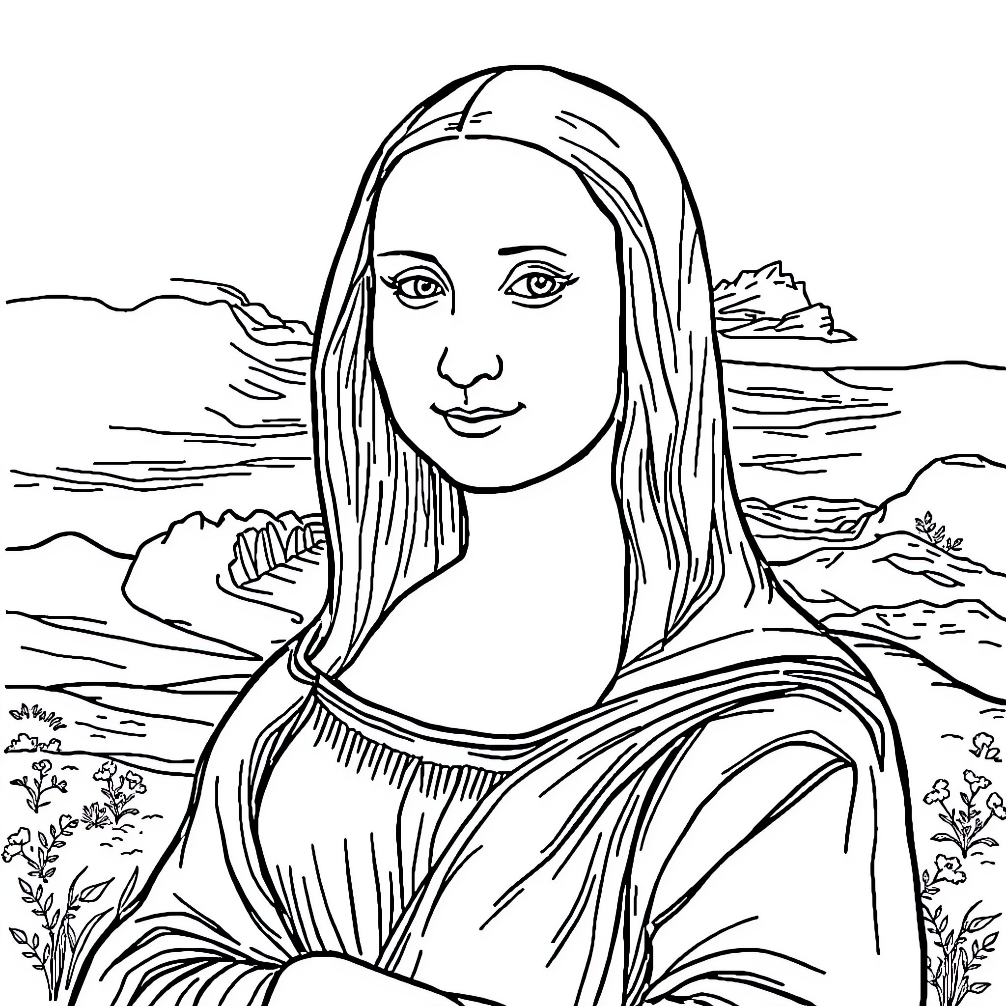 Mona Lisa depicted in a simple line drawing Coloring Page (free black-and-white line drawing printable PDF for all, from beginners to advanced learners, including children, teens, adults, and seniors)