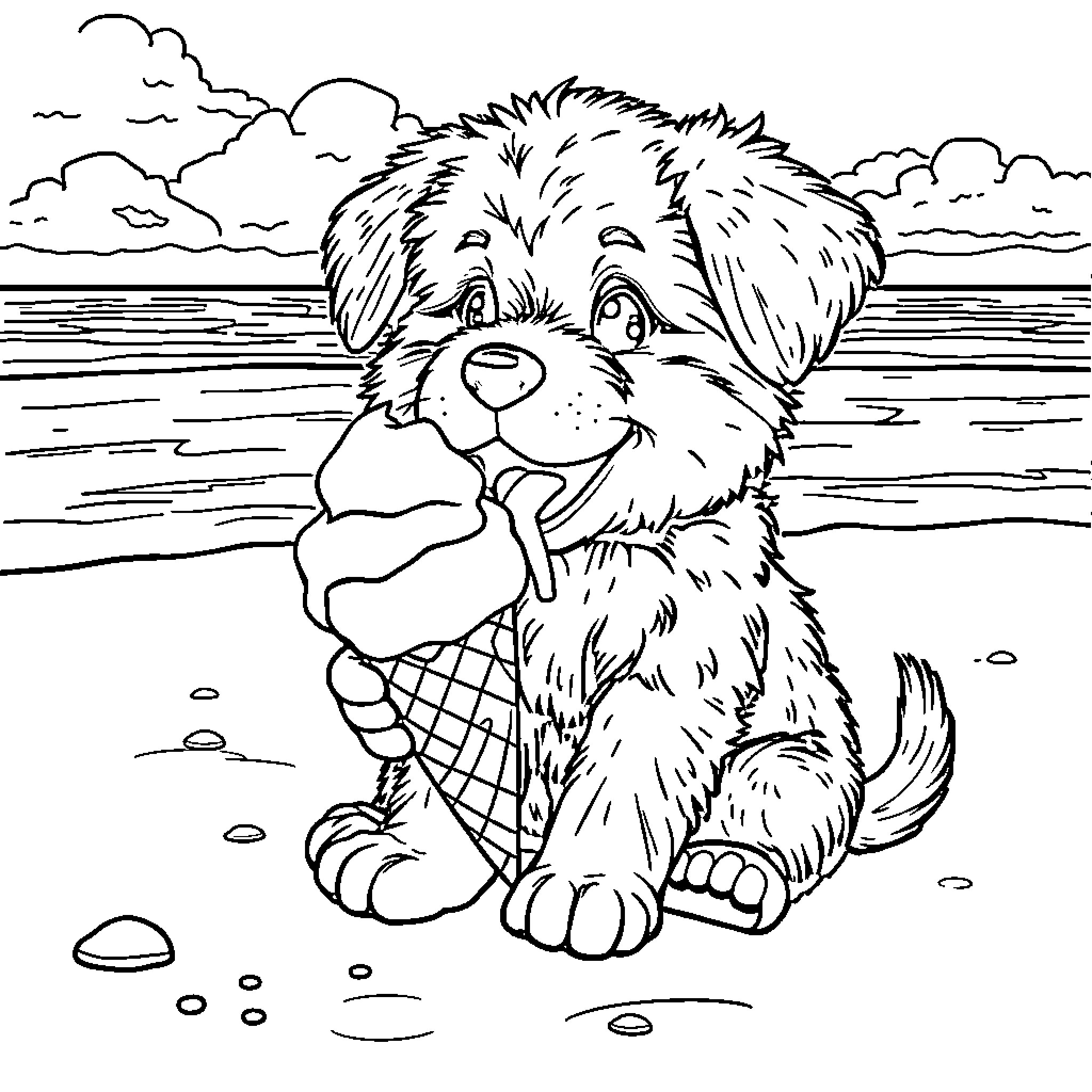 Puppy enjoying a cozy picnic by the lake Coloring Page (free black-and-white line drawing printable PDF for all, from beginners to advanced learners, including children, teens, adults, and seniors)