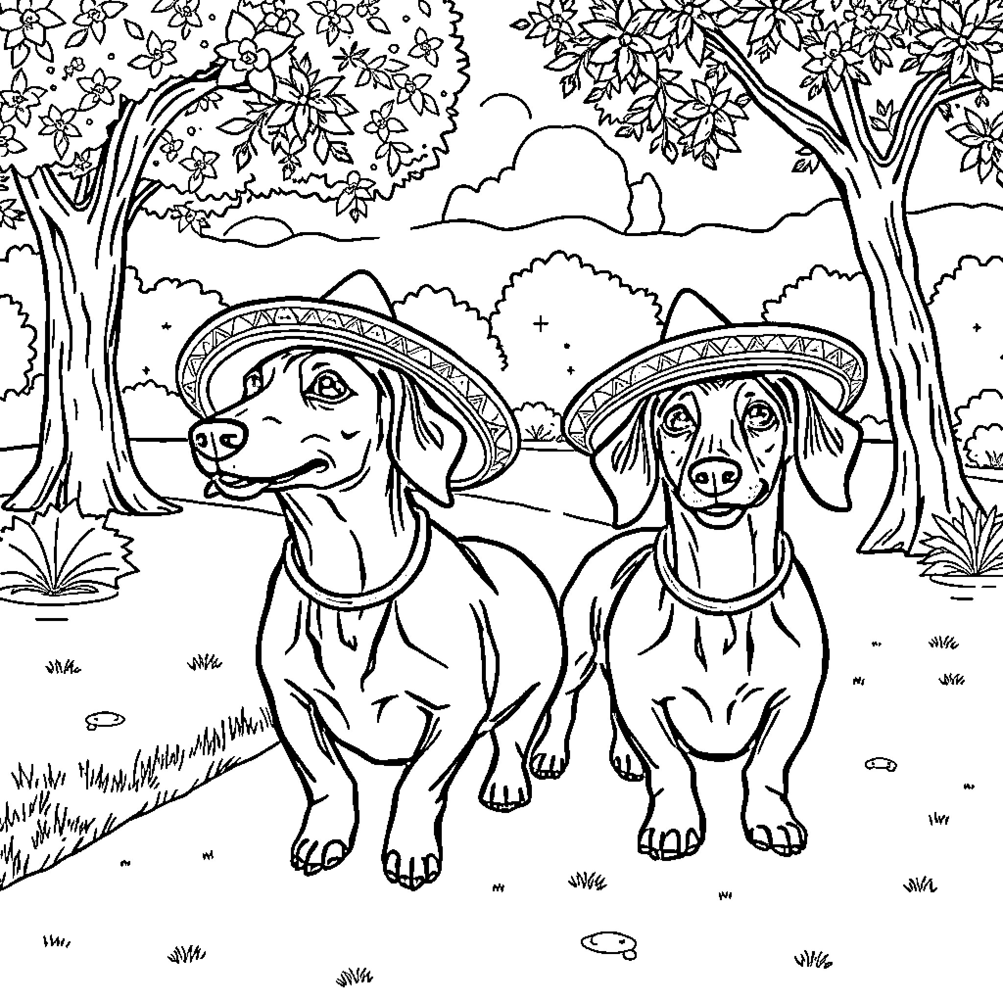 Dachshunds enjoying an outdoor adventure Coloring Page (free black-and-white line drawing printable PDF for all, from beginners to advanced learners, including children, teens, adults, and seniors)