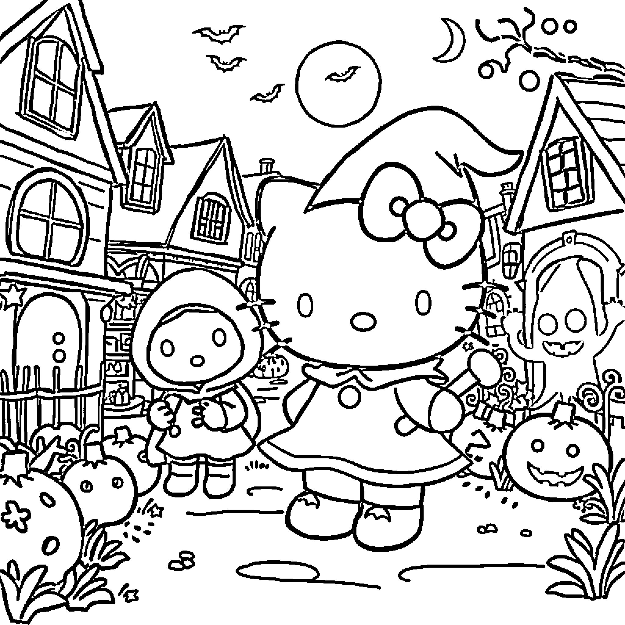 Hello Kitty trick-or-treating in a spooky neighborhood Coloring Page (free black-and-white line drawing printable PDF for all, from beginners to advanced learners, including children, teens, adults, and seniors)