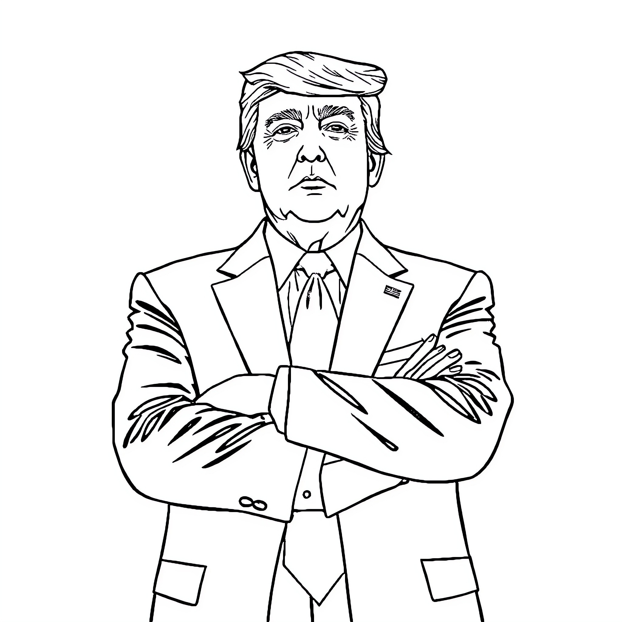 Donald Trump in a formal suit with arms crossed Coloring Page (free black-and-white line drawing printable PDF for all, from beginners to advanced learners, including children, teens, adults, and seniors)
