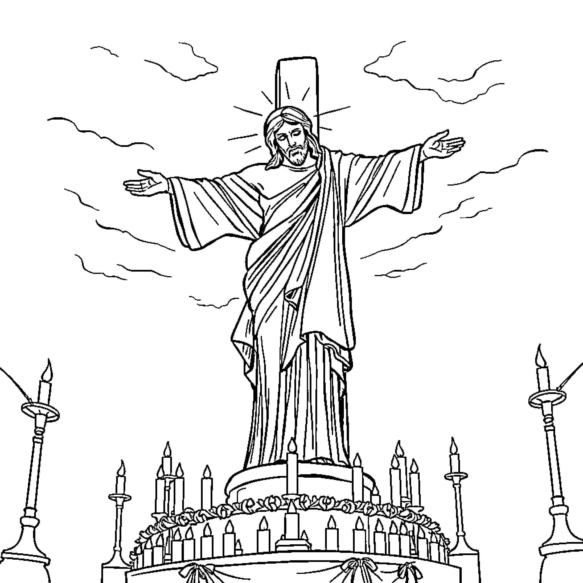 Cristo's outstretched arms over cityscape Coloring Page (free black-and-white line drawing printable PDF for all, from beginners to advanced learners, including children, teens, adults, and seniors)
