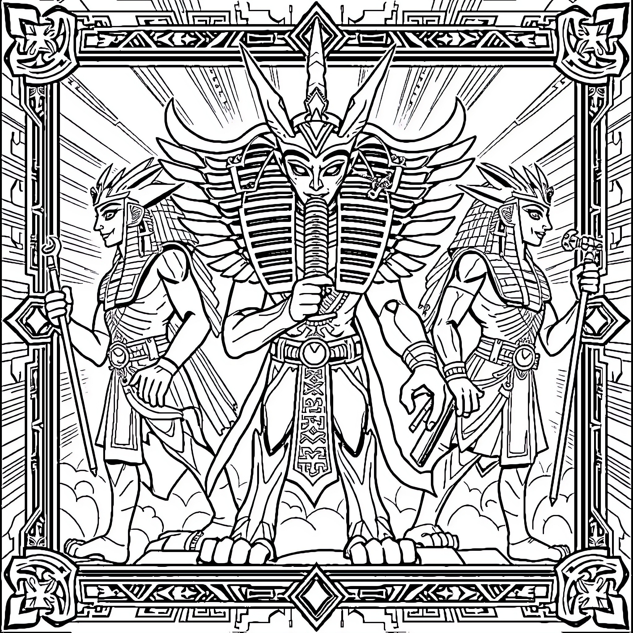 Egyptian God commanding a powerful and ornate throne Coloring Page (free black-and-white line drawing printable PDF for all, from beginners to advanced learners, including children, teens, adults, and seniors)