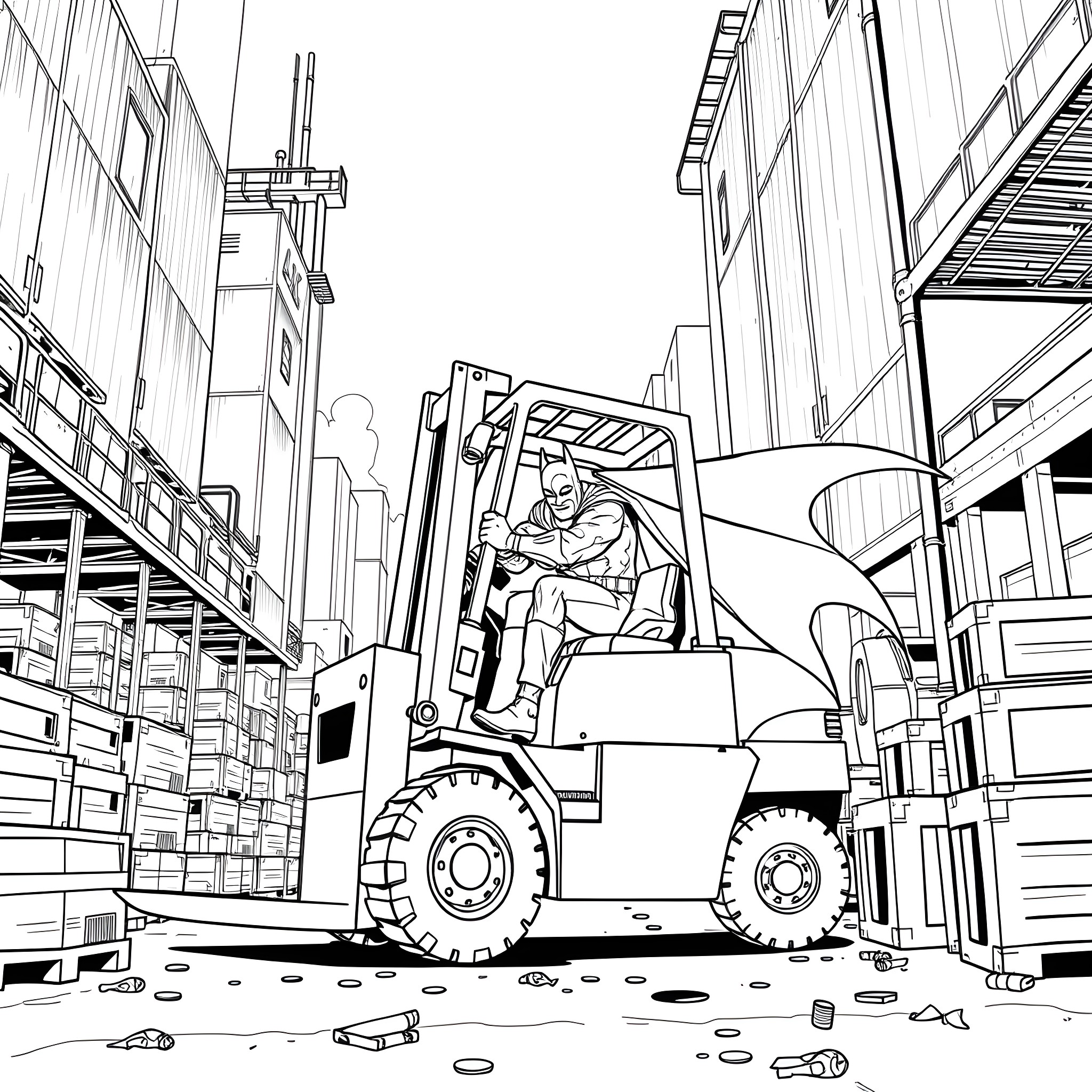 Batman Operating Forklift in Warehouse Coloring Page (free black-and-white line drawing printable PDF for all, from beginners to advanced learners, including children, teens, adults, and seniors)