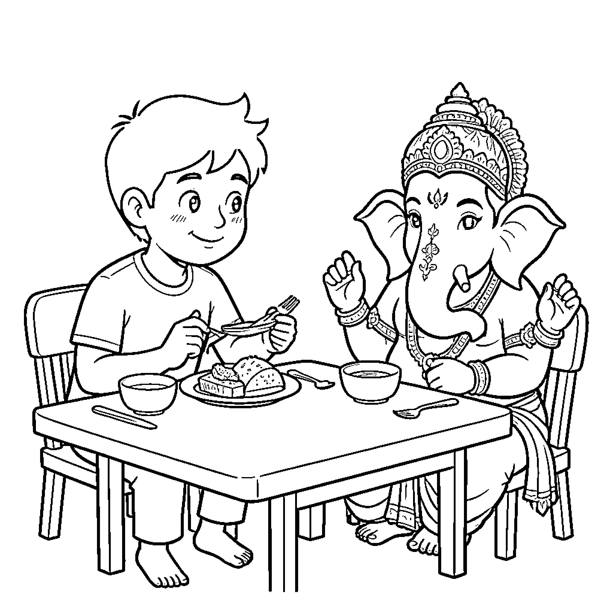 Student sharing a meal with a deity at a table Coloring Page (free black-and-white line drawing printable PDF for all, from beginners to advanced learners, including children, teens, adults, and seniors)