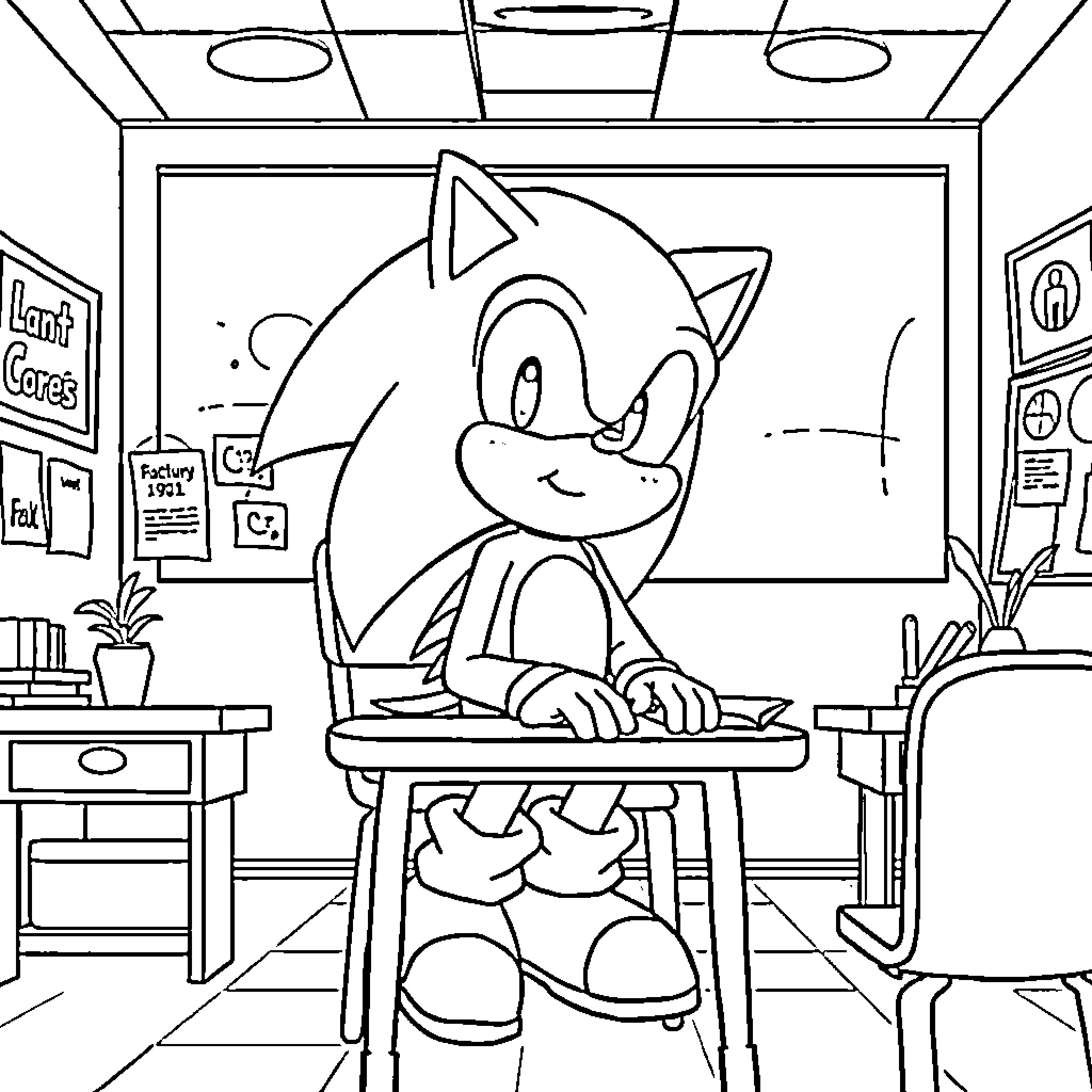 Sonic studying intently in the classroom Coloring Page (free black-and-white line drawing printable PDF for all, from beginners to advanced learners, including children, teens, adults, and seniors)