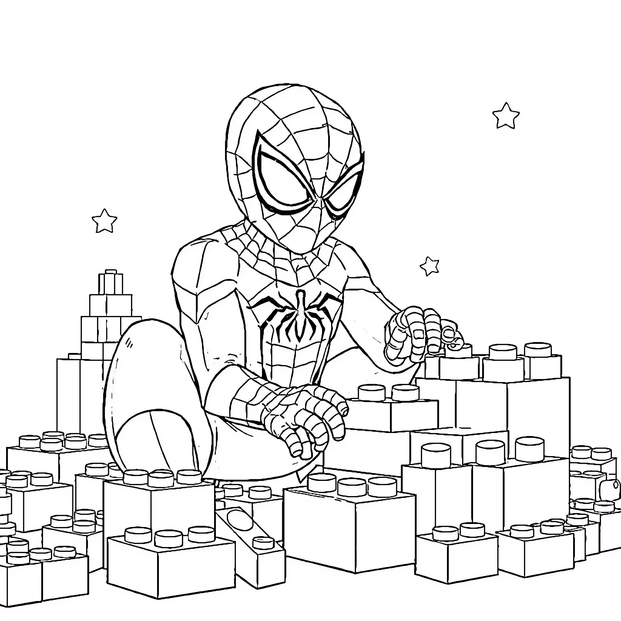 Spiderman building with toy blocks in the city Coloring Page (free black-and-white line drawing printable PDF for all, from beginners to advanced learners, including children, teens, adults, and seniors)