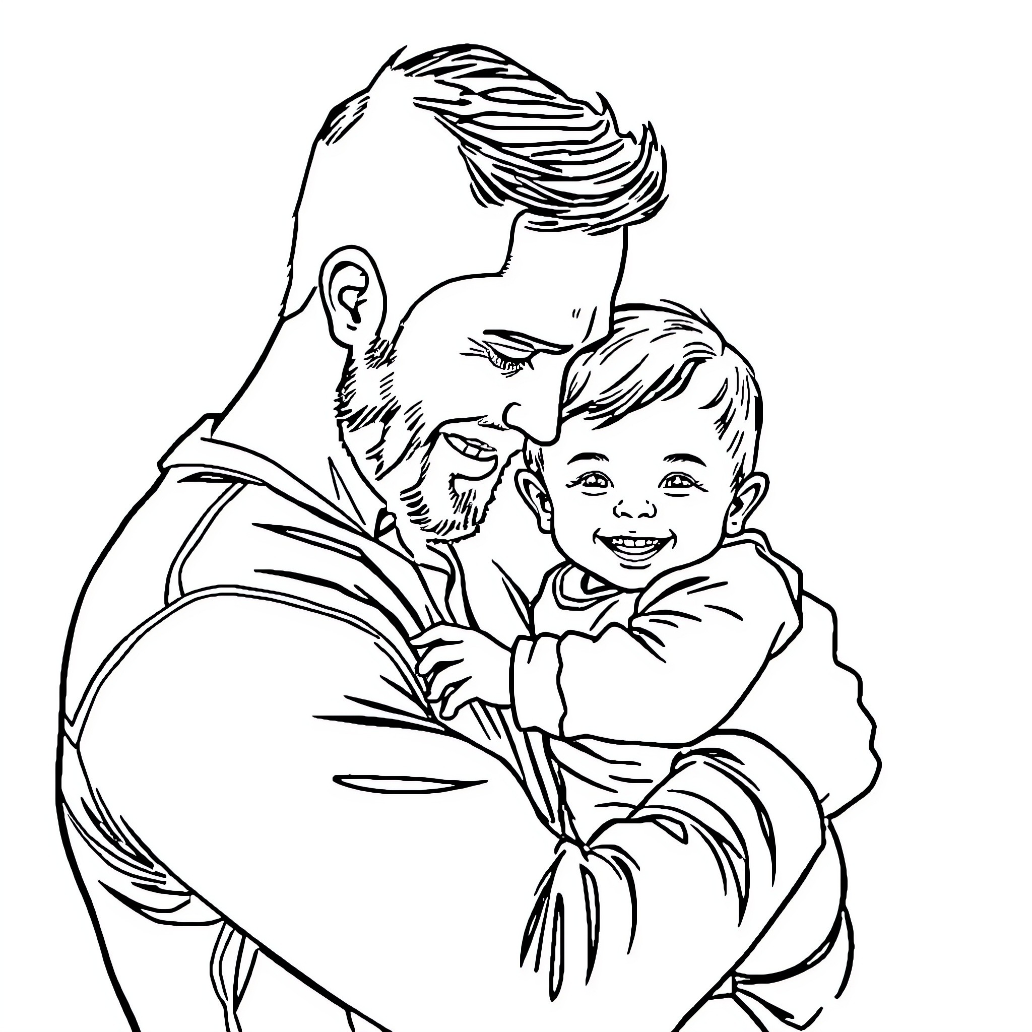 Dad lovingly embracing his young son Coloring Page (free black-and-white line drawing printable PDF for all, from beginners to advanced learners, including children, teens, adults, and seniors)