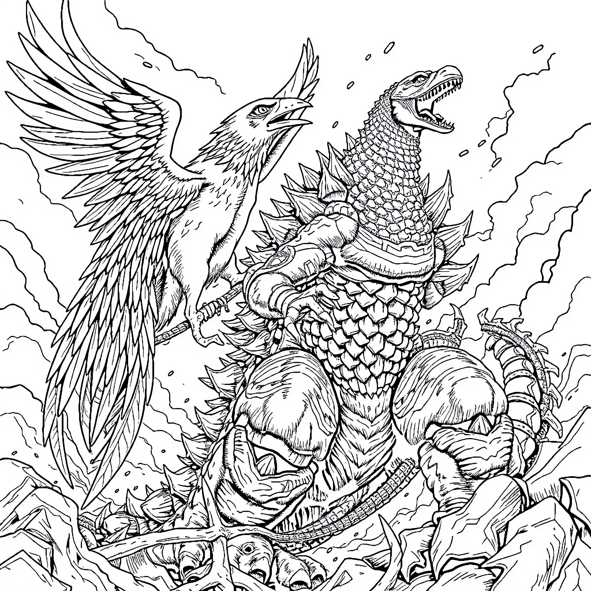 Garuda, the Mythical Creature Battling a Fierce Dragon Coloring Page (free black-and-white line drawing printable PDF for all, from beginners to advanced learners, including children, teens, adults, and seniors)