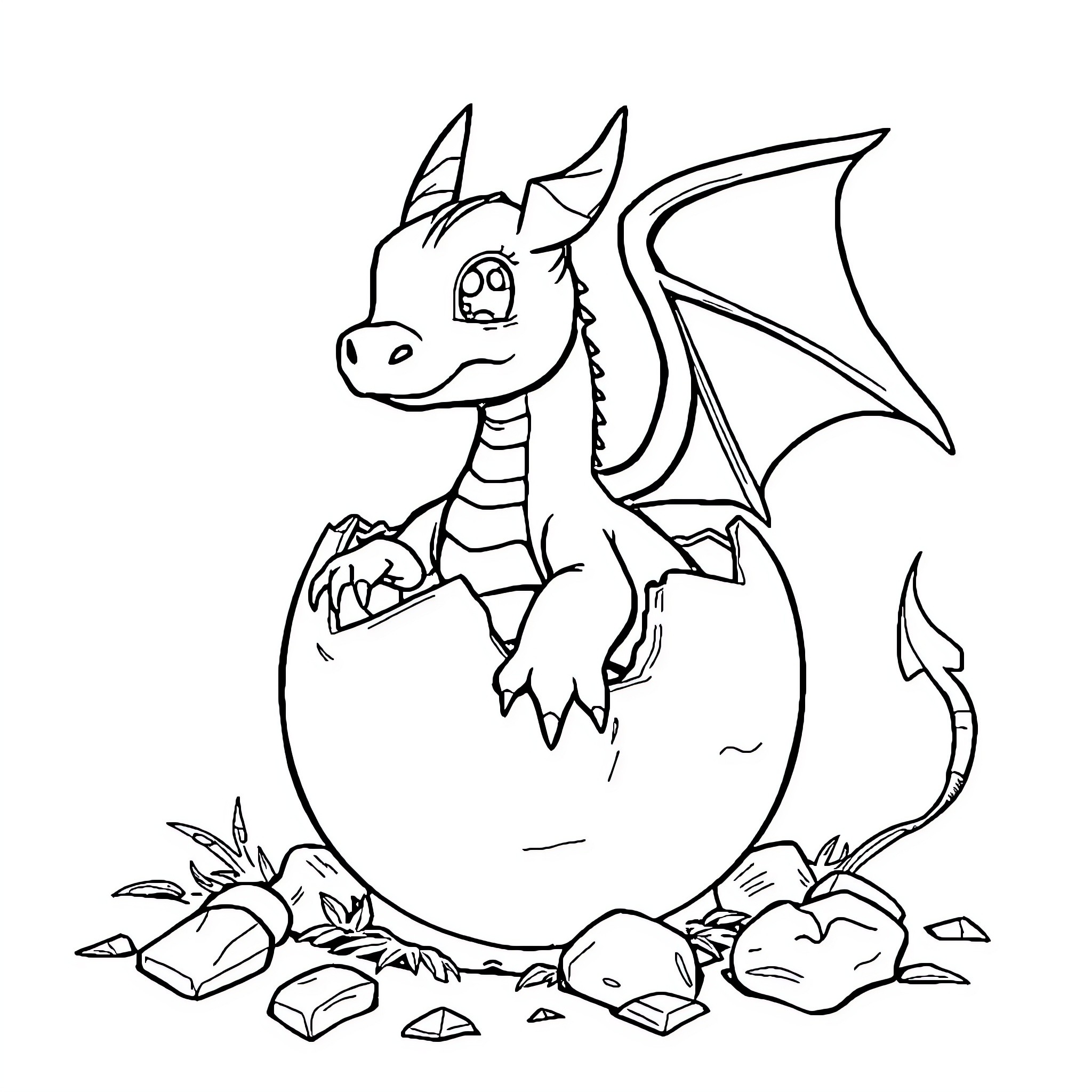 Dragon hatching from an egg with treasure Coloring Page (free black-and-white line drawing printable PDF for all, from beginners to advanced learners, including children, teens, adults, and seniors)