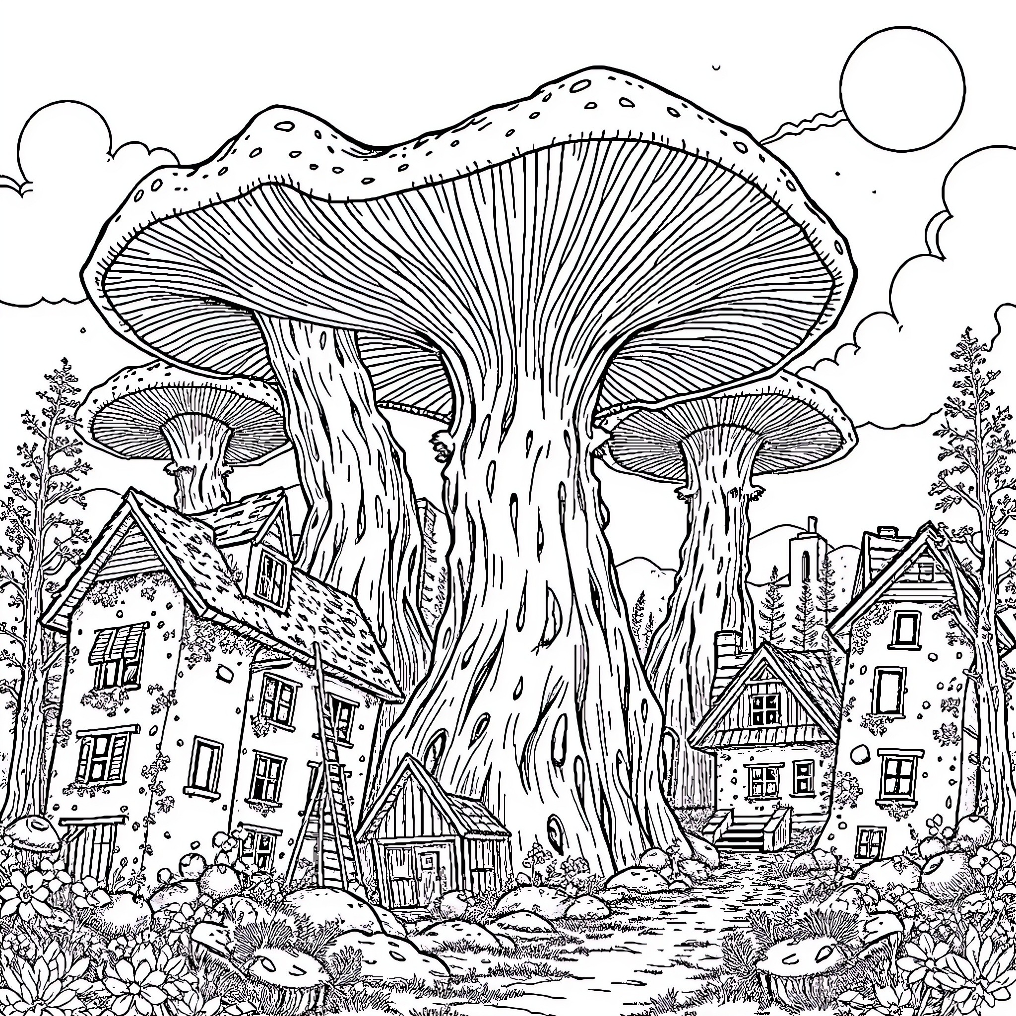 Mushroom Fantasy Landscape with Cozy Cottages Coloring Page (free black-and-white line drawing printable PDF for all, from beginners to advanced learners, including children, teens, adults, and seniors)