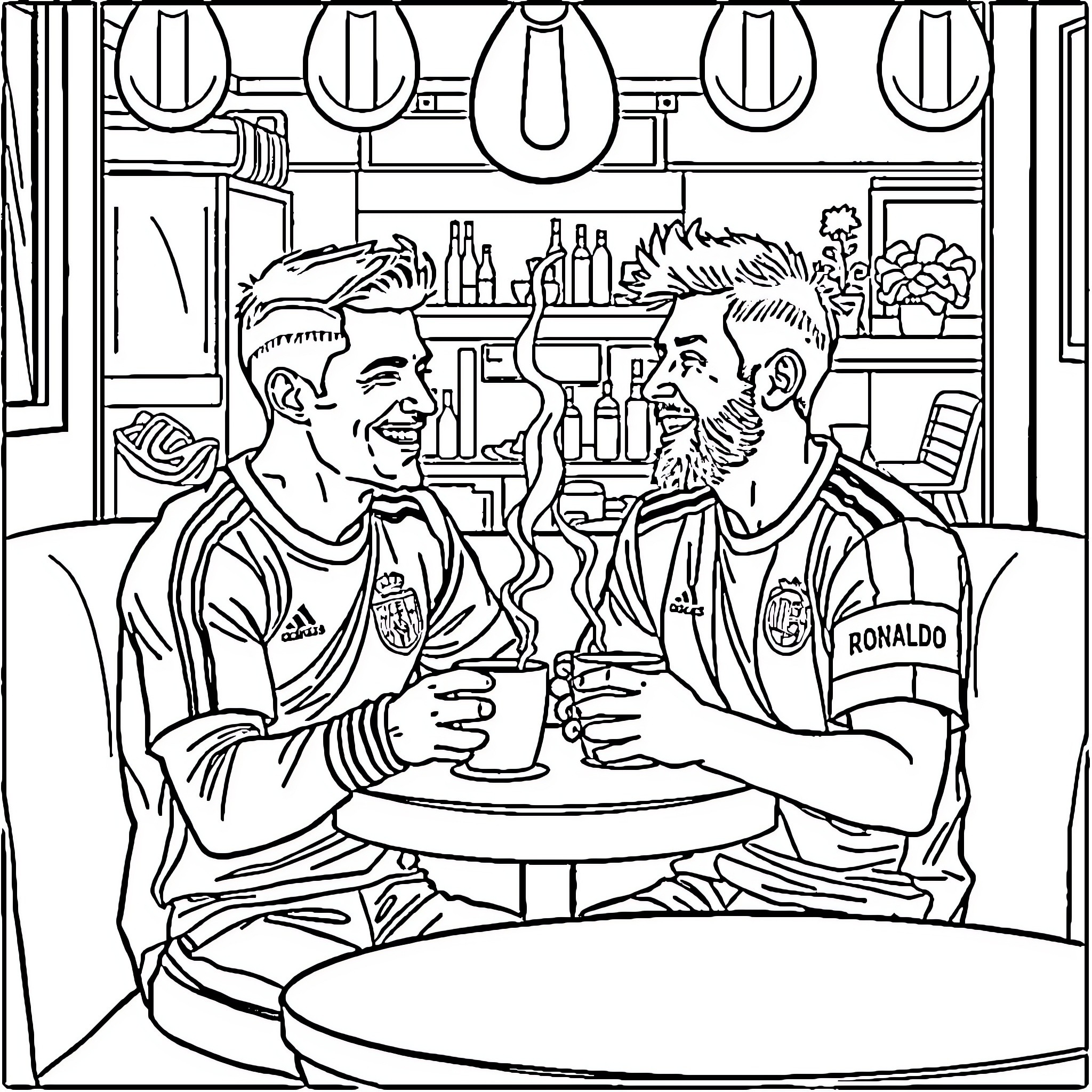 Ronaldo Enjoying a Drink with a Friend Coloring Page (free black-and-white line drawing printable PDF for all, from beginners to advanced learners, including children, teens, adults, and seniors)