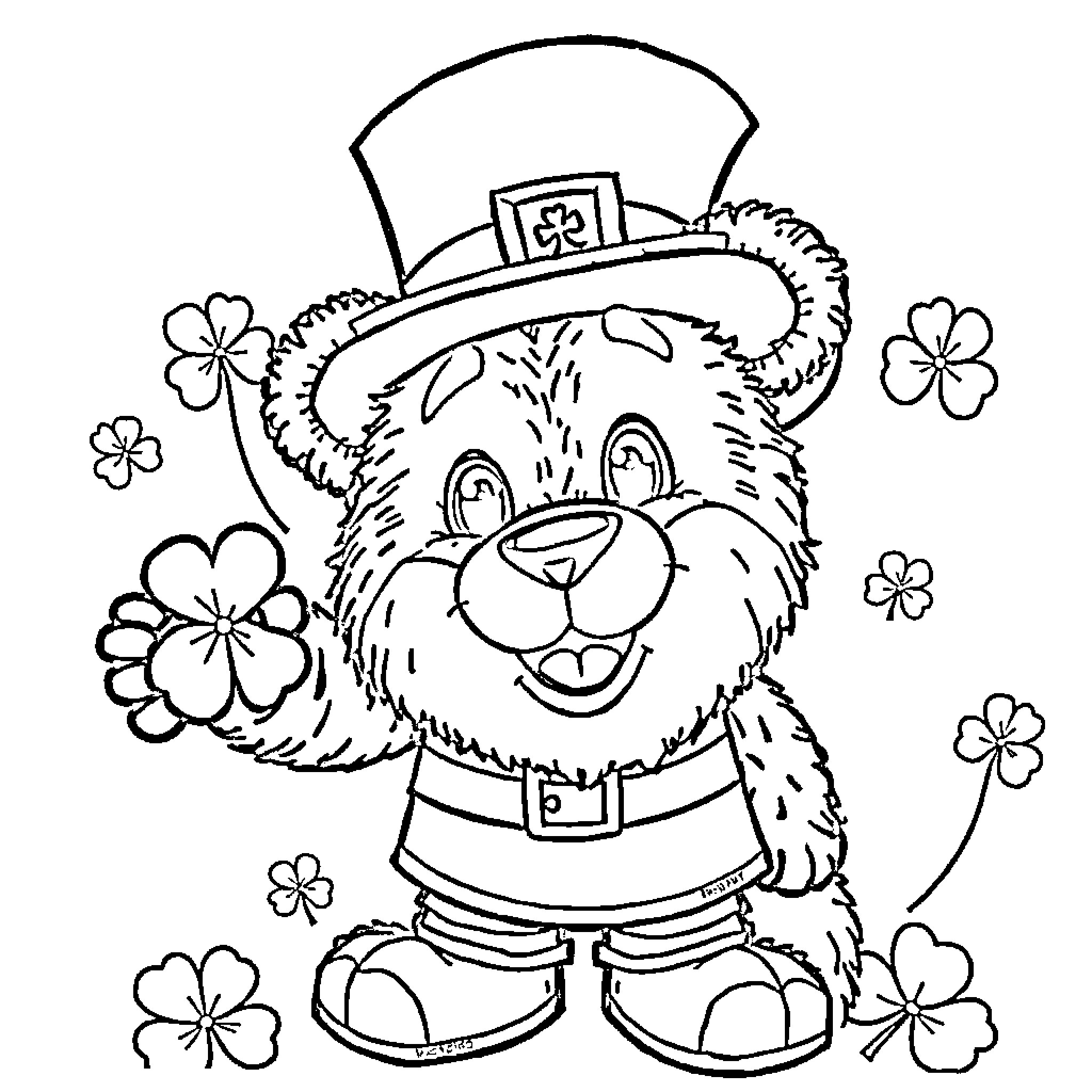 Freddy Fazbear the Leprechaun with Shamrocks Coloring Page (free black-and-white line drawing printable PDF for all, from beginners to advanced learners, including children, teens, adults, and seniors)